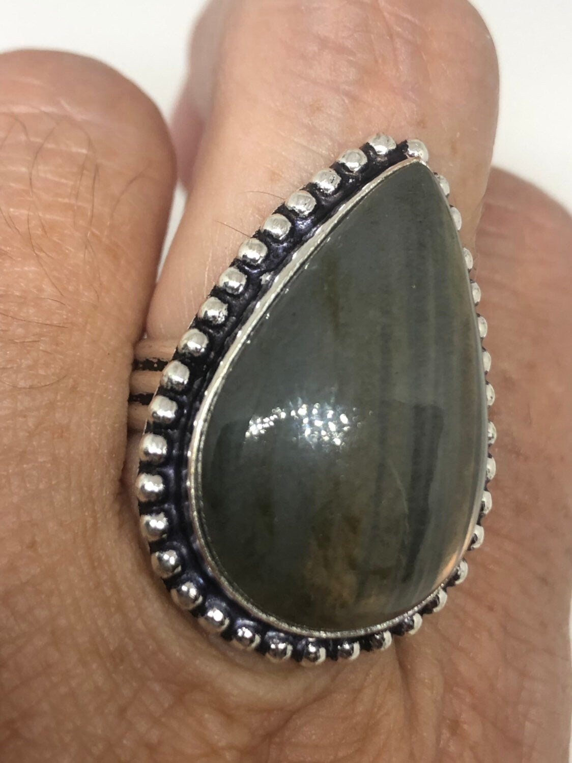 Vintage Blue Green Labradorite Stone Silver Ring