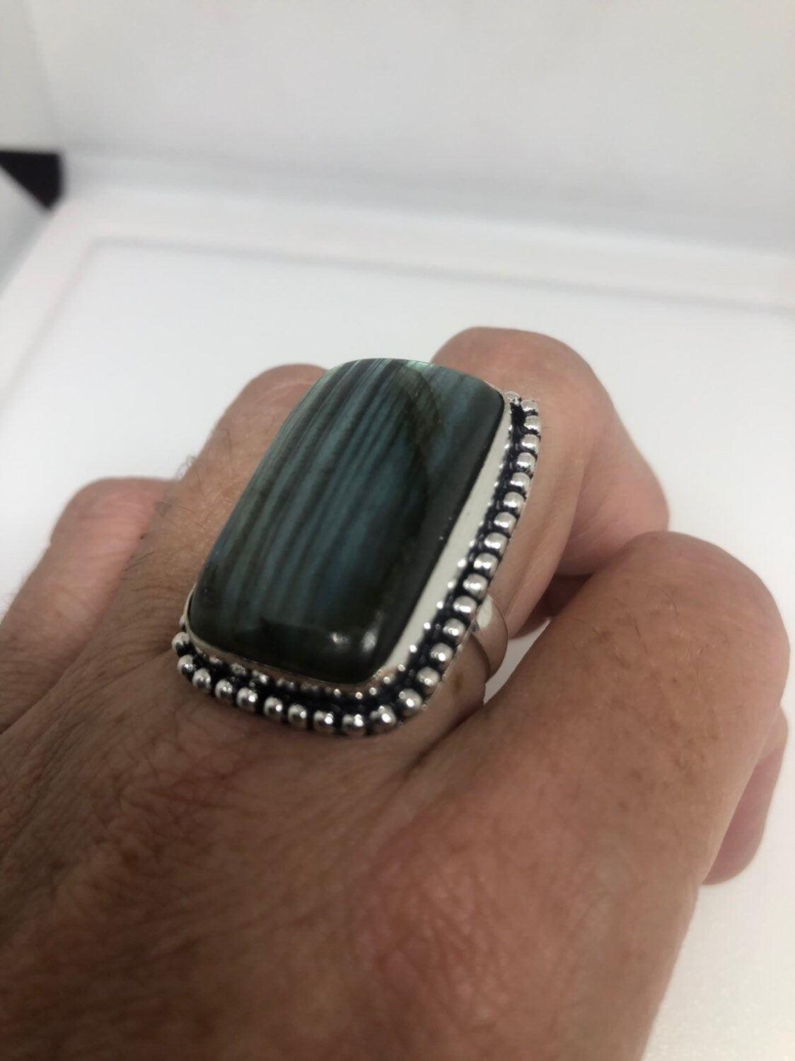 Vintage Blue Green Labradorite Stone Silver Ring