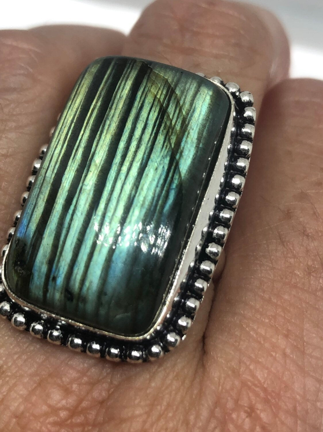 Vintage Blue Green Labradorite Stone Silver Ring