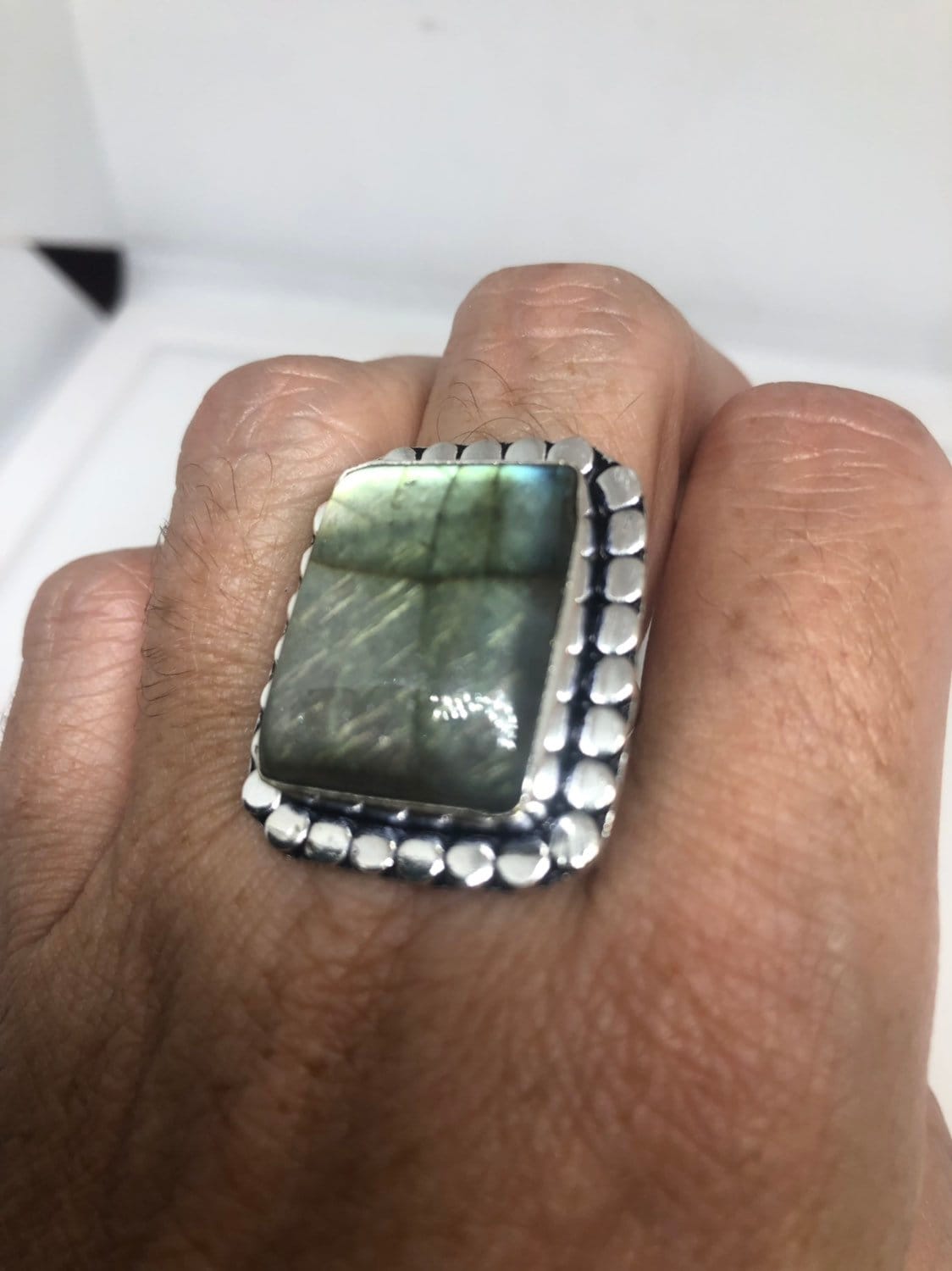 Vintage Blue Green Labradorite Stone Silver Ring Size 7.75