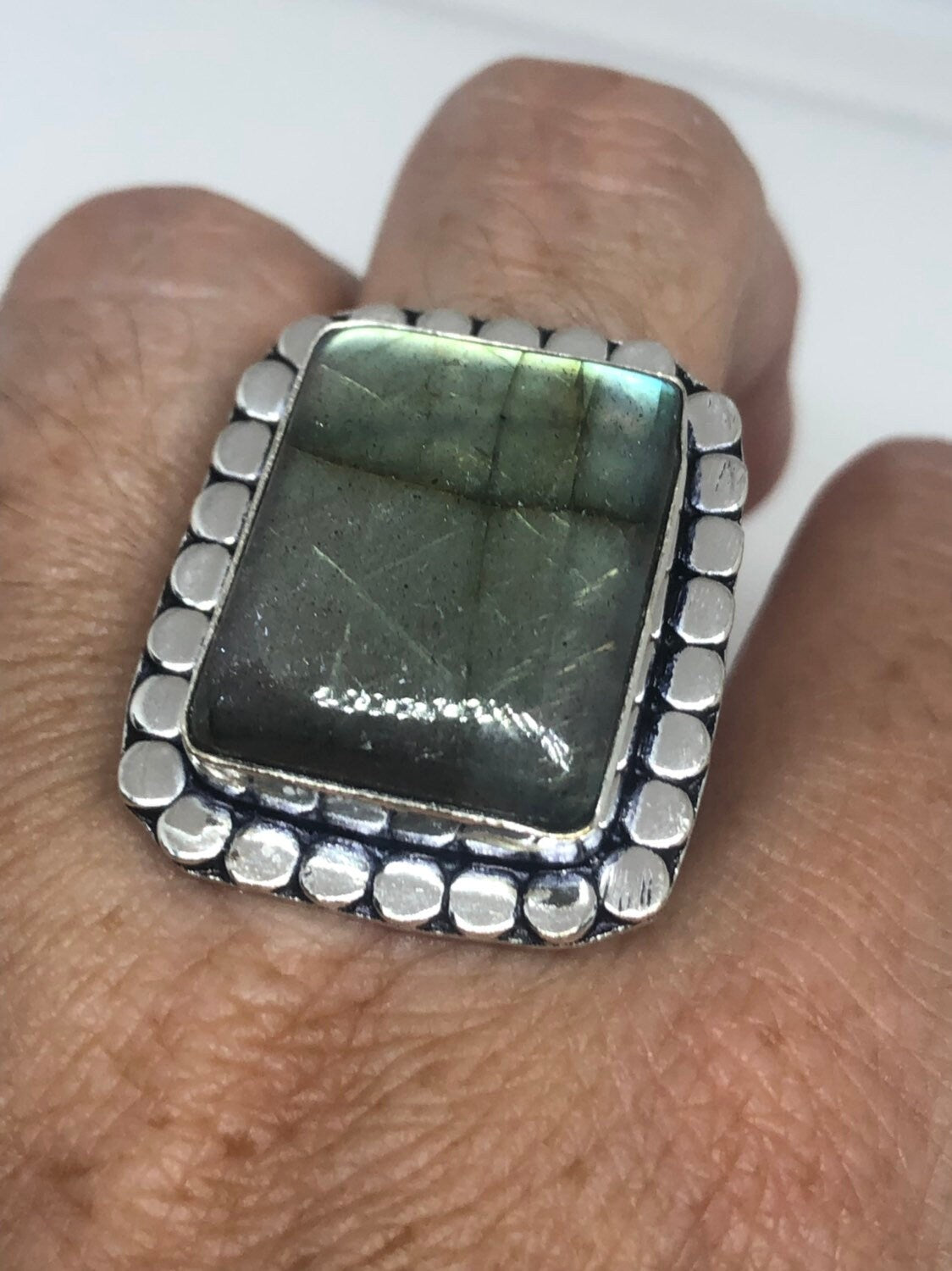 Vintage Blue Green Labradorite Stone Silver Ring Size 7.75