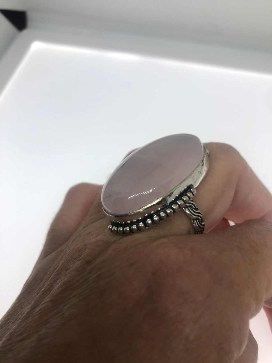 Vintage Rose Quartz Silver Cocktail Ring