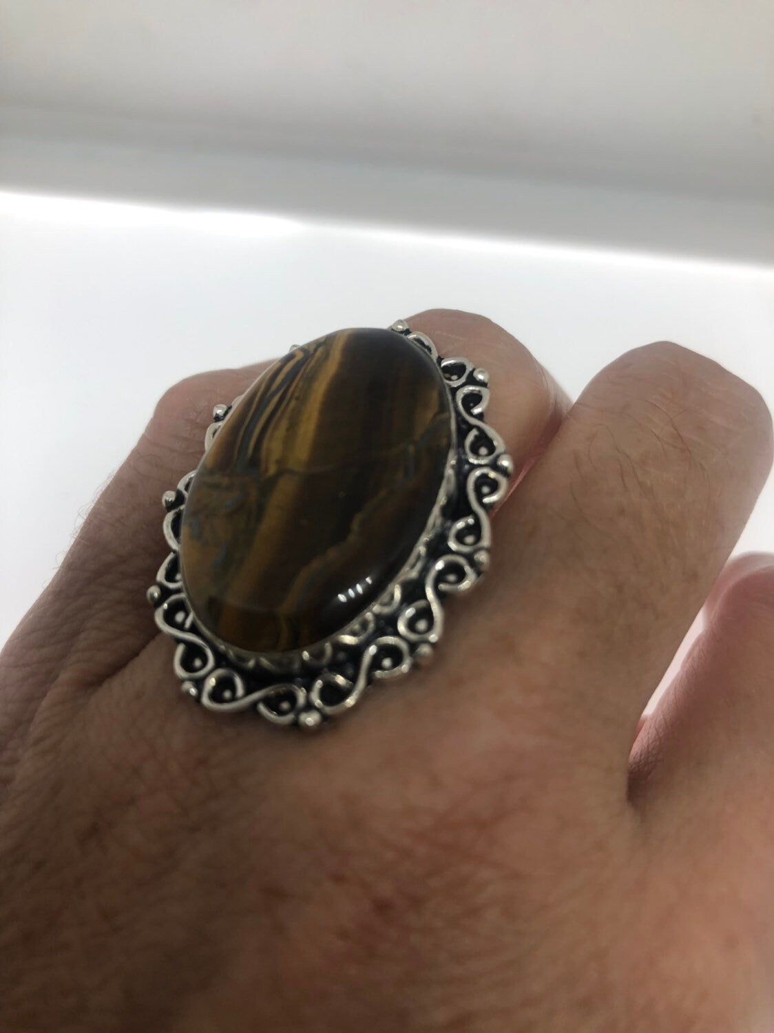 Vintage Tigers Eye Silver Cocktail Ring Size 7