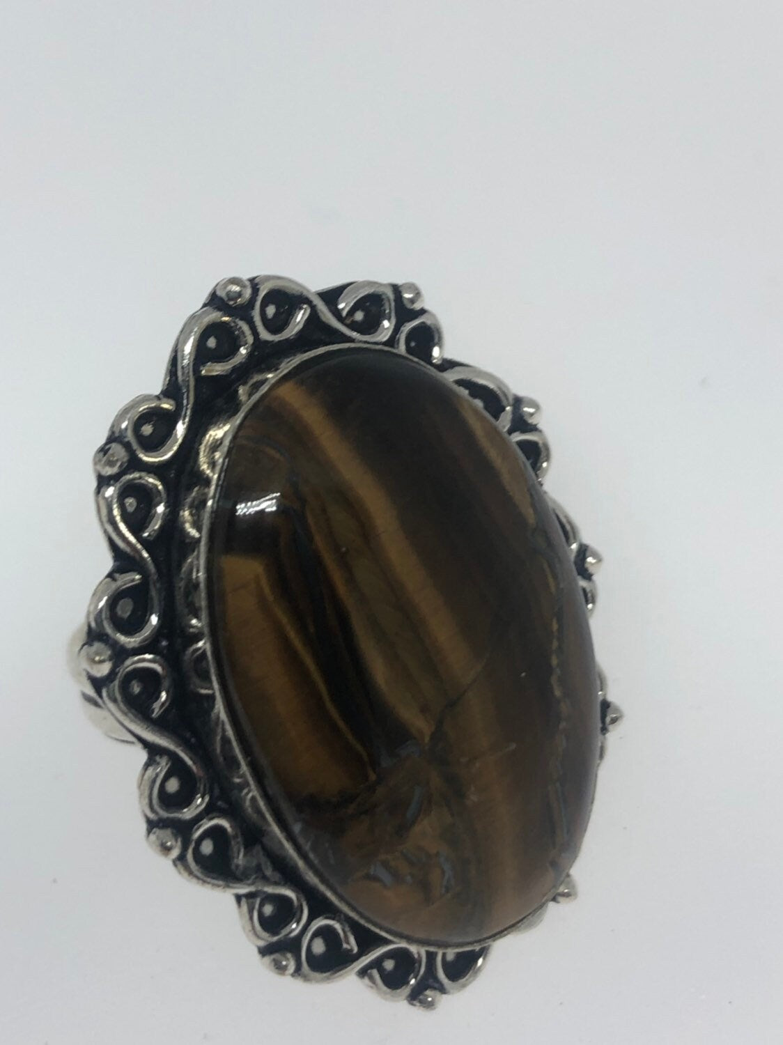 Vintage Tigers Eye Silver Cocktail Ring Size 7