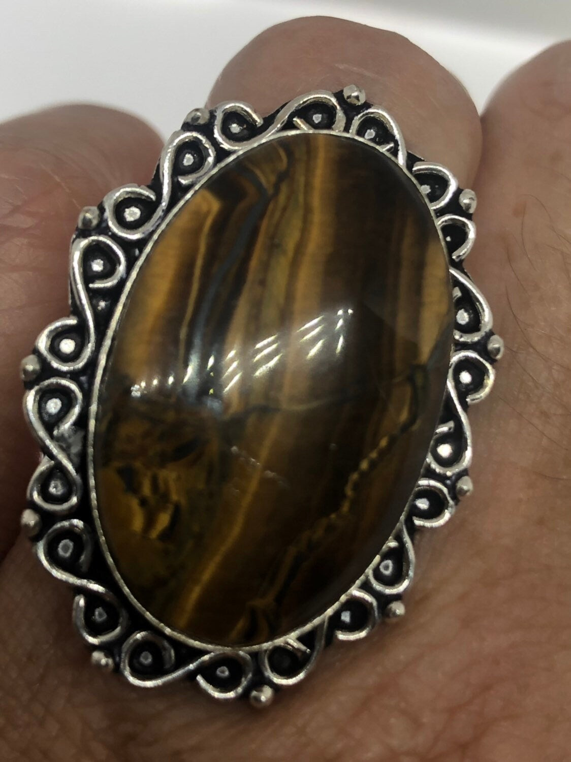 Vintage Tigers Eye Silver Cocktail Ring Size 7