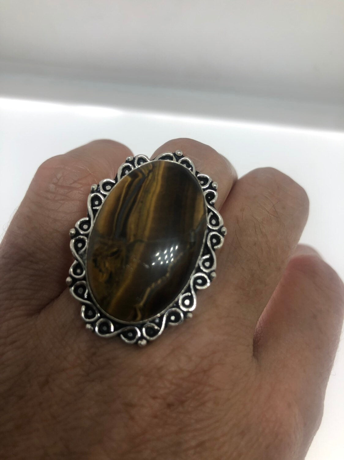 Vintage Tigers Eye Silver Cocktail Ring Size 7