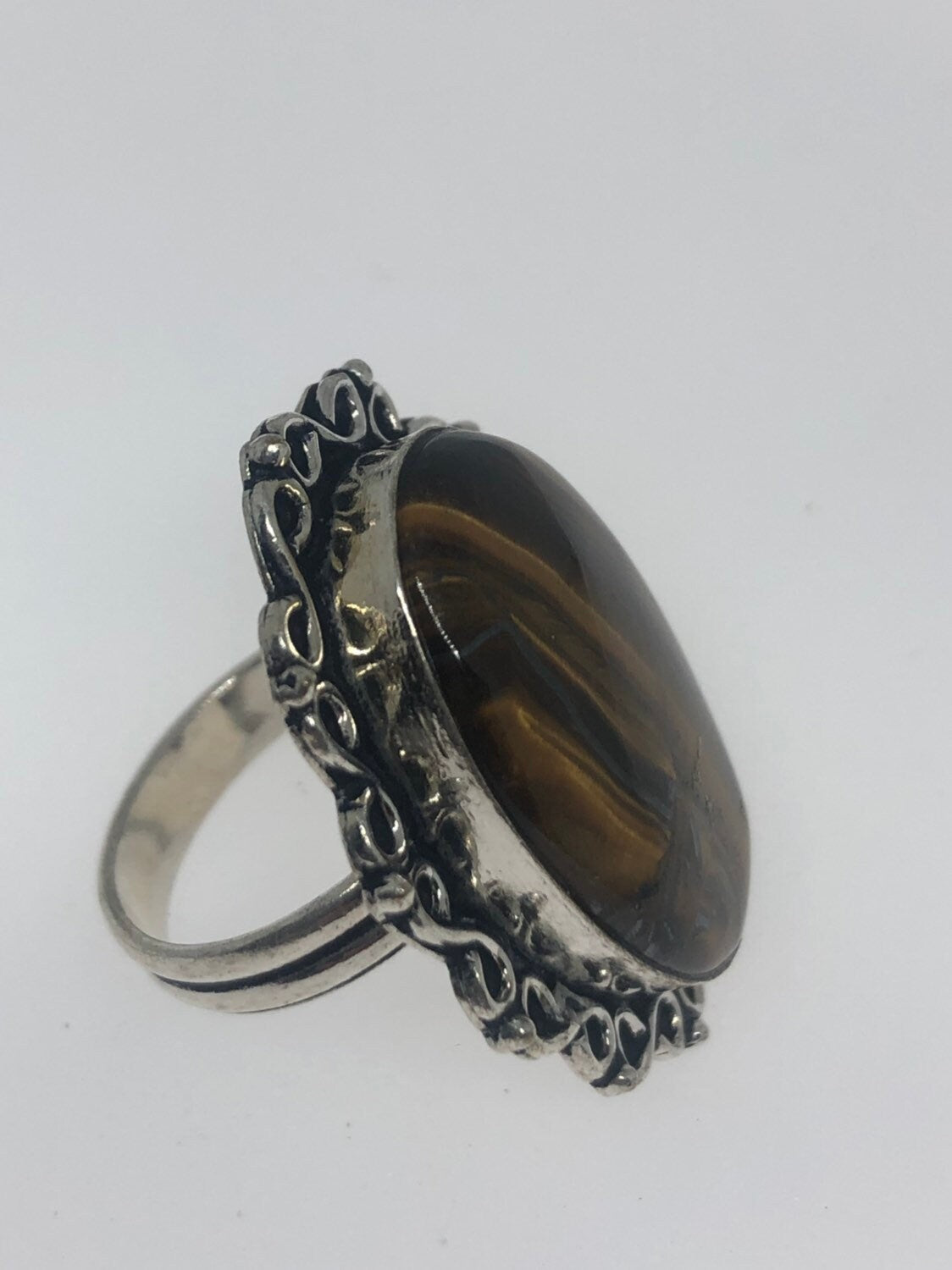 Vintage Tigers Eye Silver Cocktail Ring Size 7