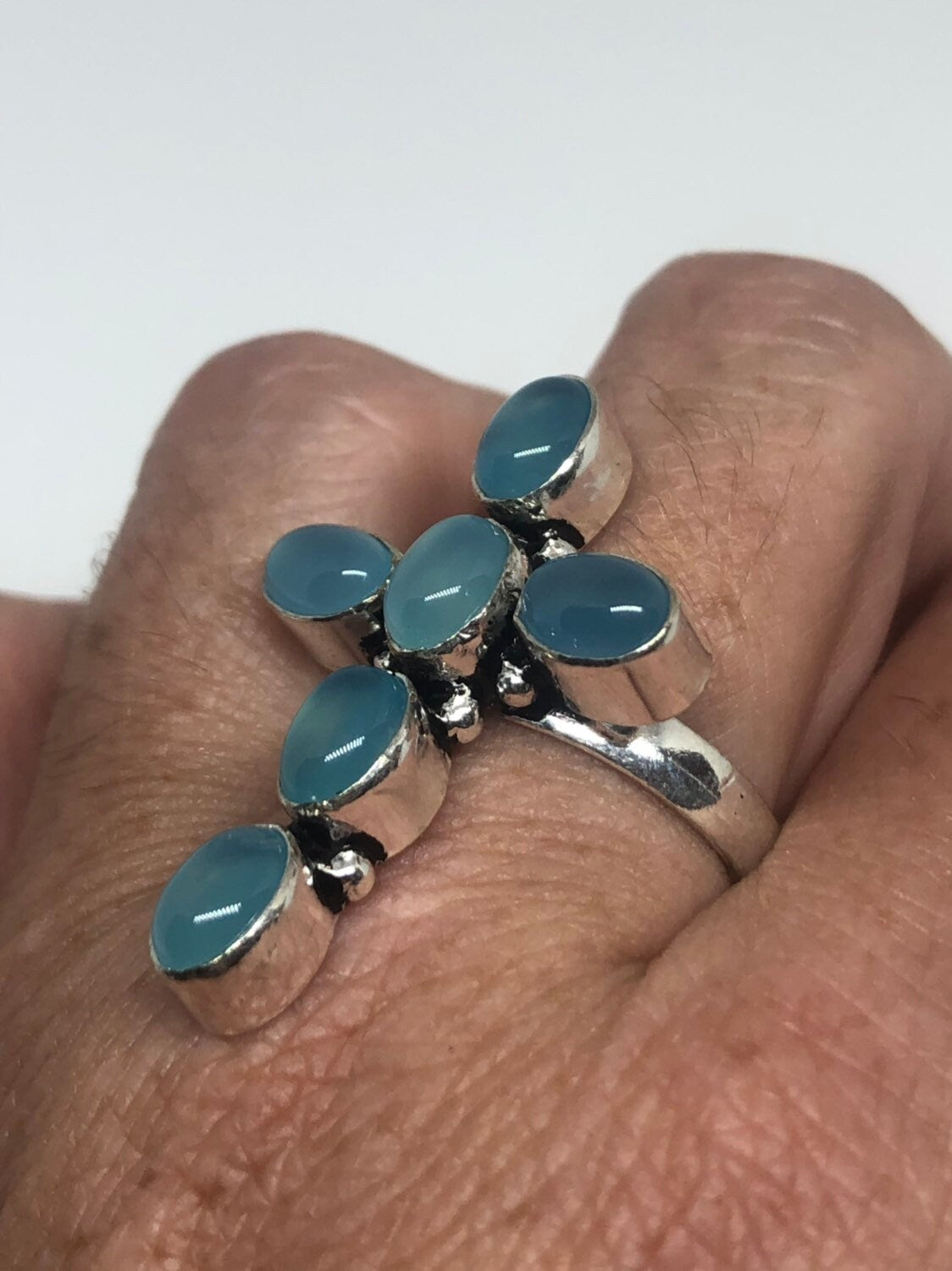 Vintage Genuine Blue chalcedony Cross Silver Ring