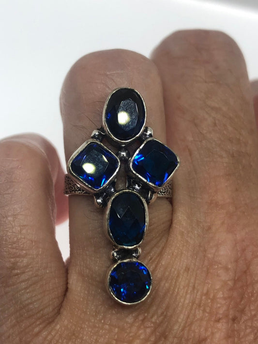 Vintage Genuine Blue Glass Cross Silver Ring