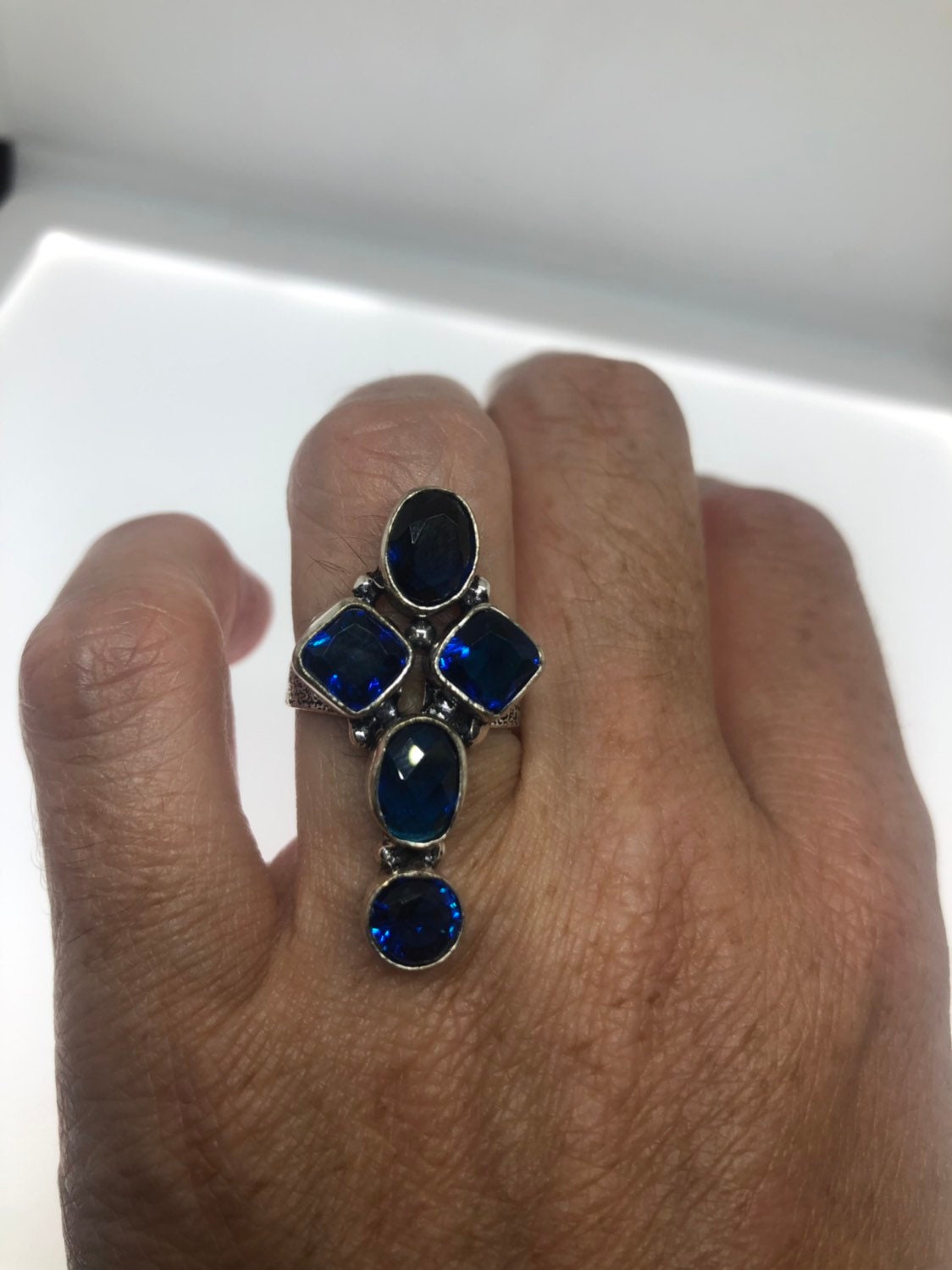 Vintage Genuine Blue Glass Cross Silver Ring