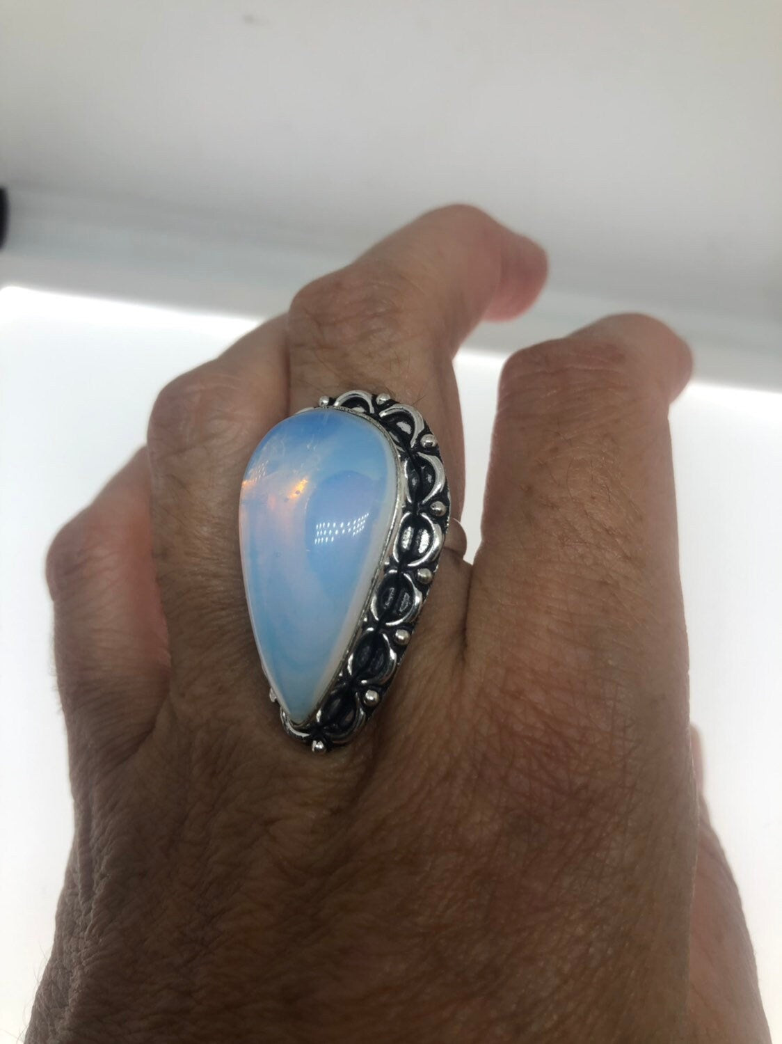 Vintage Blue White Opal Art Glass Ring Statement