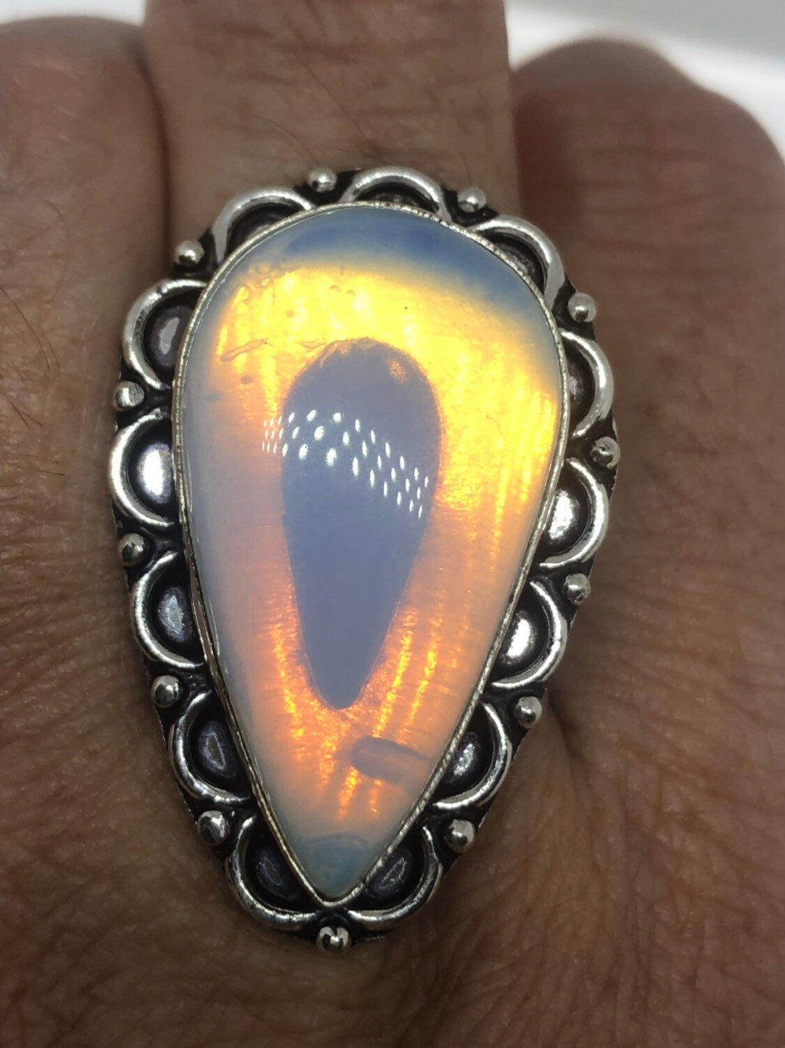 Vintage Blue White Opal Art Glass Ring Statement