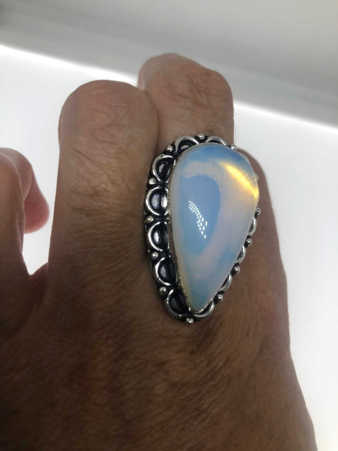 Vintage Blue White Opal Art Glass Ring Statement