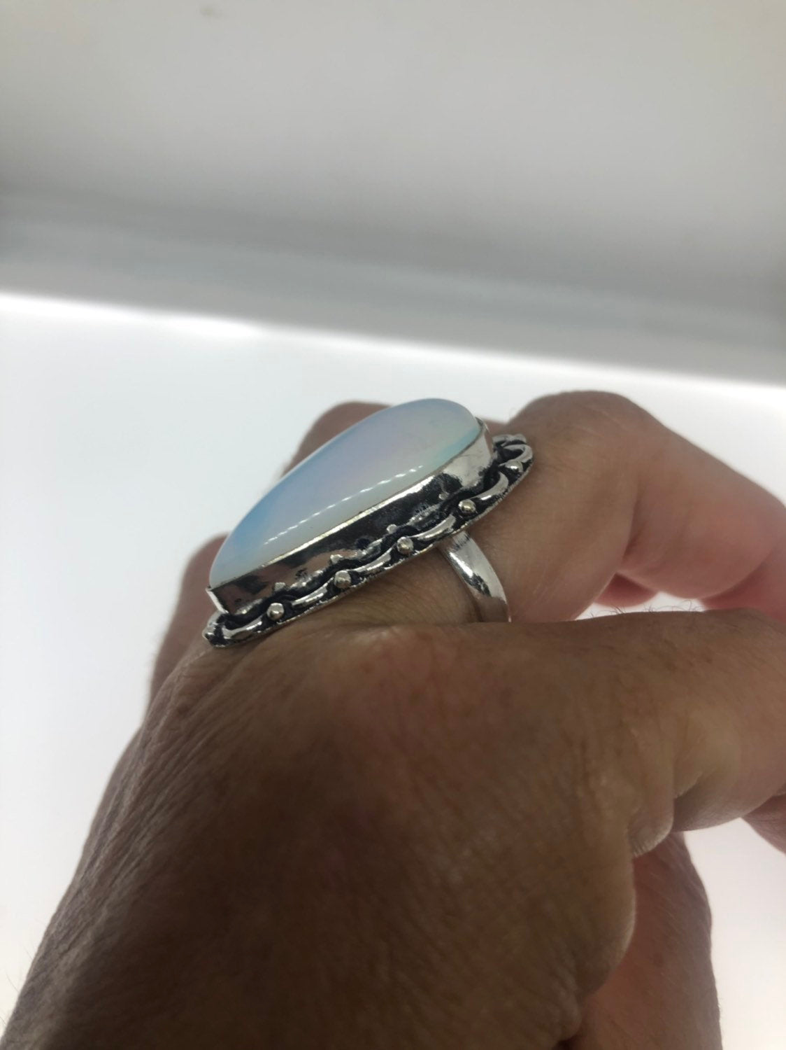 Vintage Blue White Opal Art Glass Ring Statement