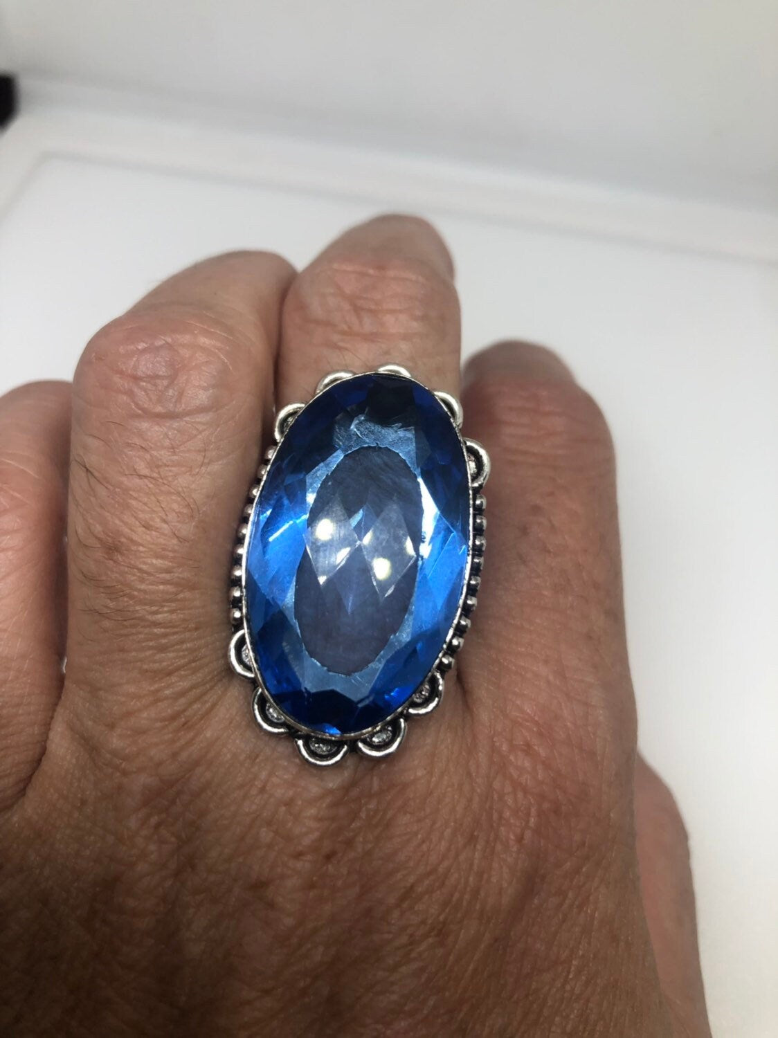 Vintage Blue Vintage Art Glass Ring About 1 Inch Long Knuckle Ring