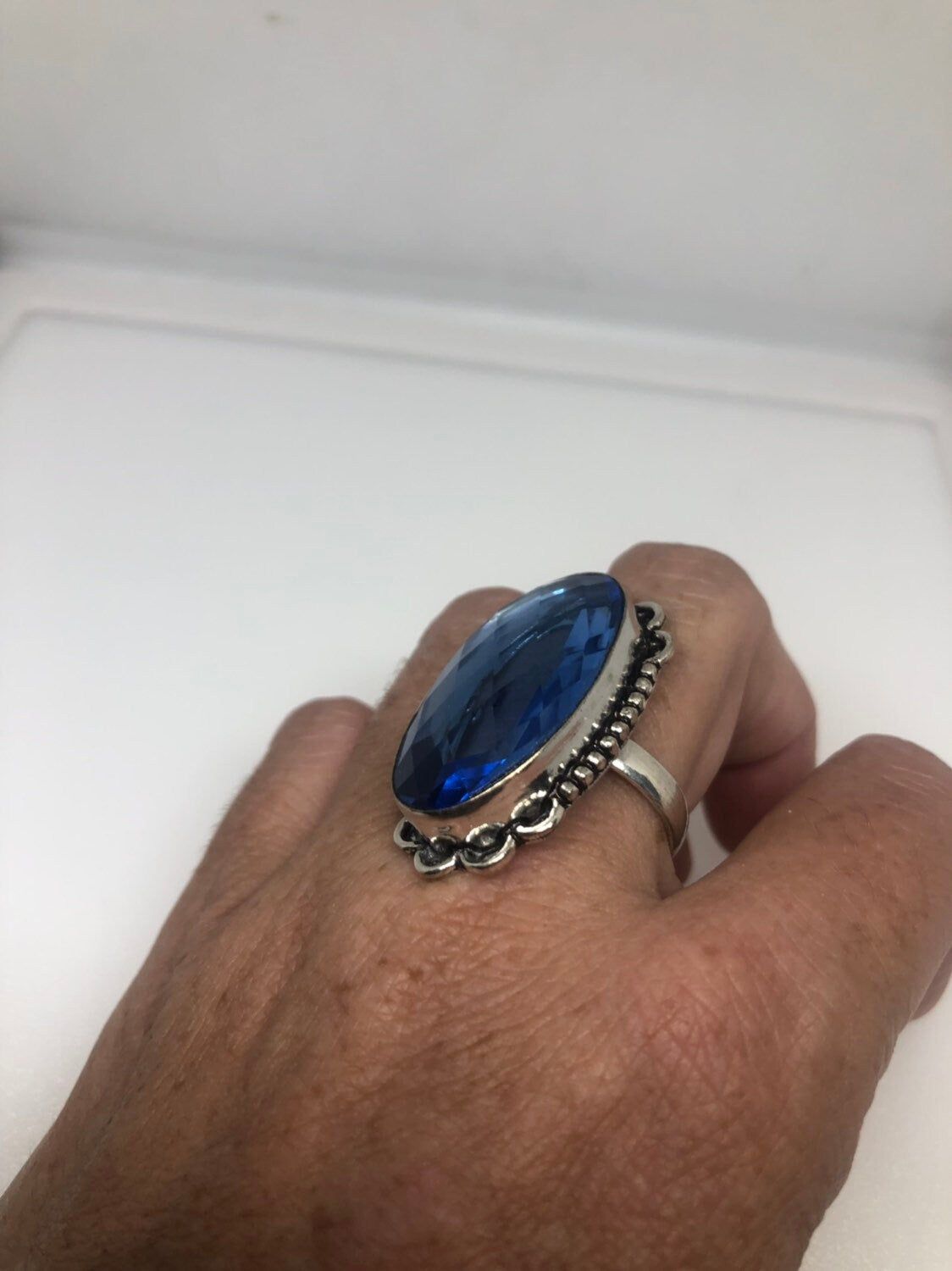 Vintage Blue Vintage Art Glass Ring About 1 Inch Long Knuckle Ring