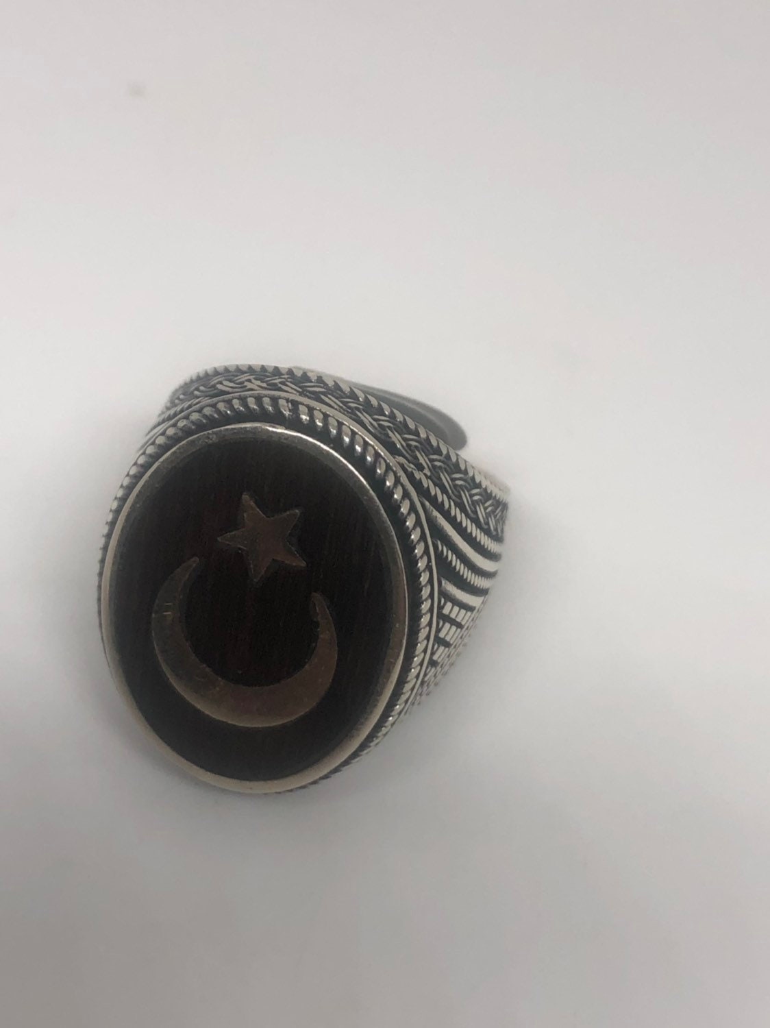 Vintage Star of Islam 925 Sterling Silver Teak Wood Inlay Ring