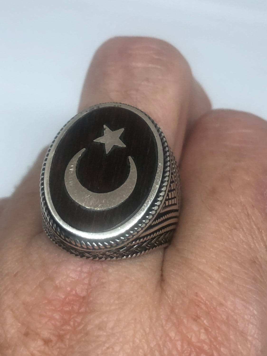 Vintage Star of Islam 925 Sterling Silver Teak Wood Inlay Ring