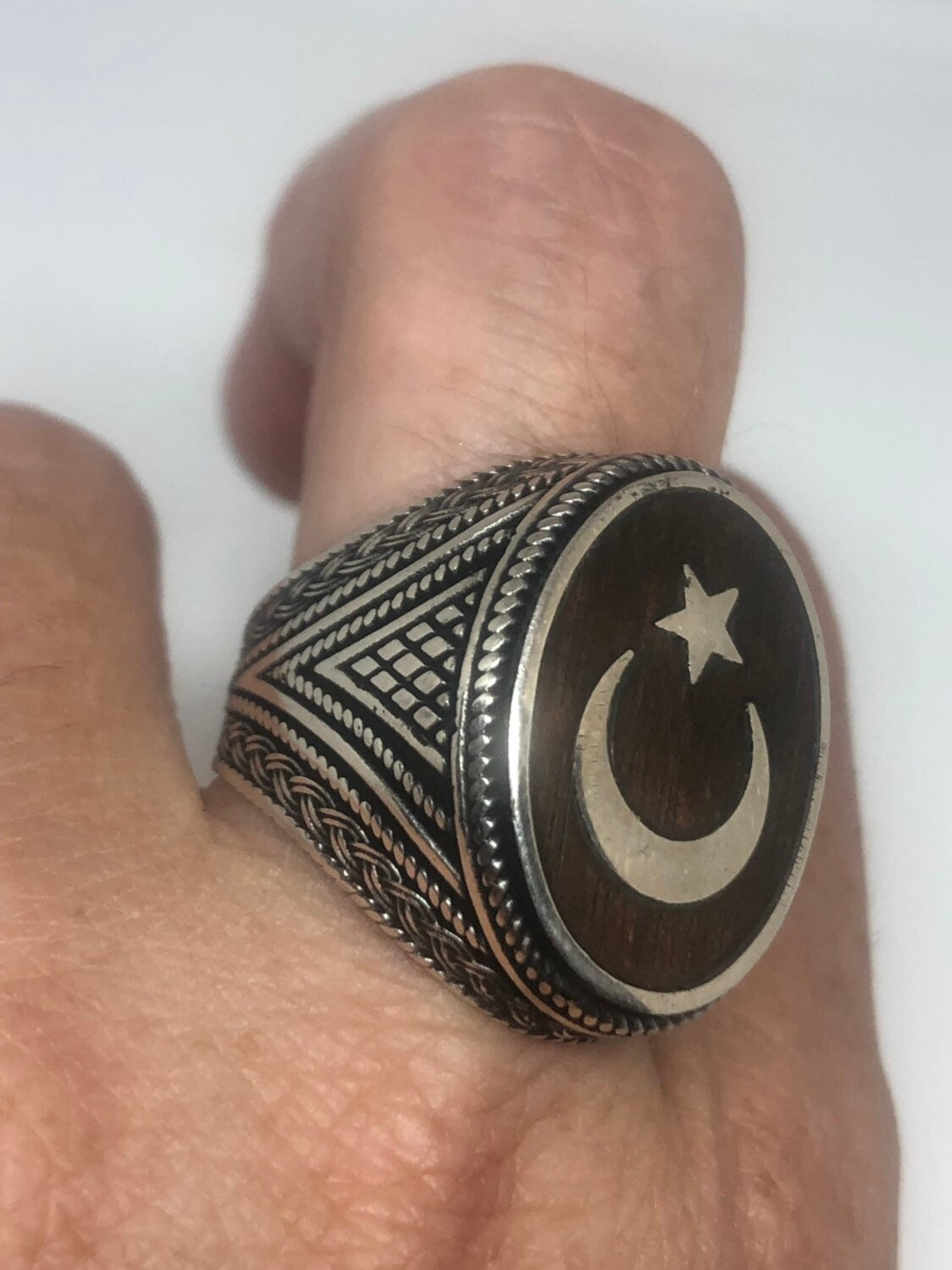 Vintage Star of Islam 925 Sterling Silver Teak Wood Inlay Ring