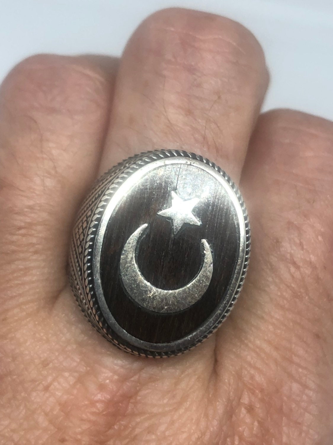Vintage Star of Islam 925 Sterling Silver Teak Wood Inlay Ring