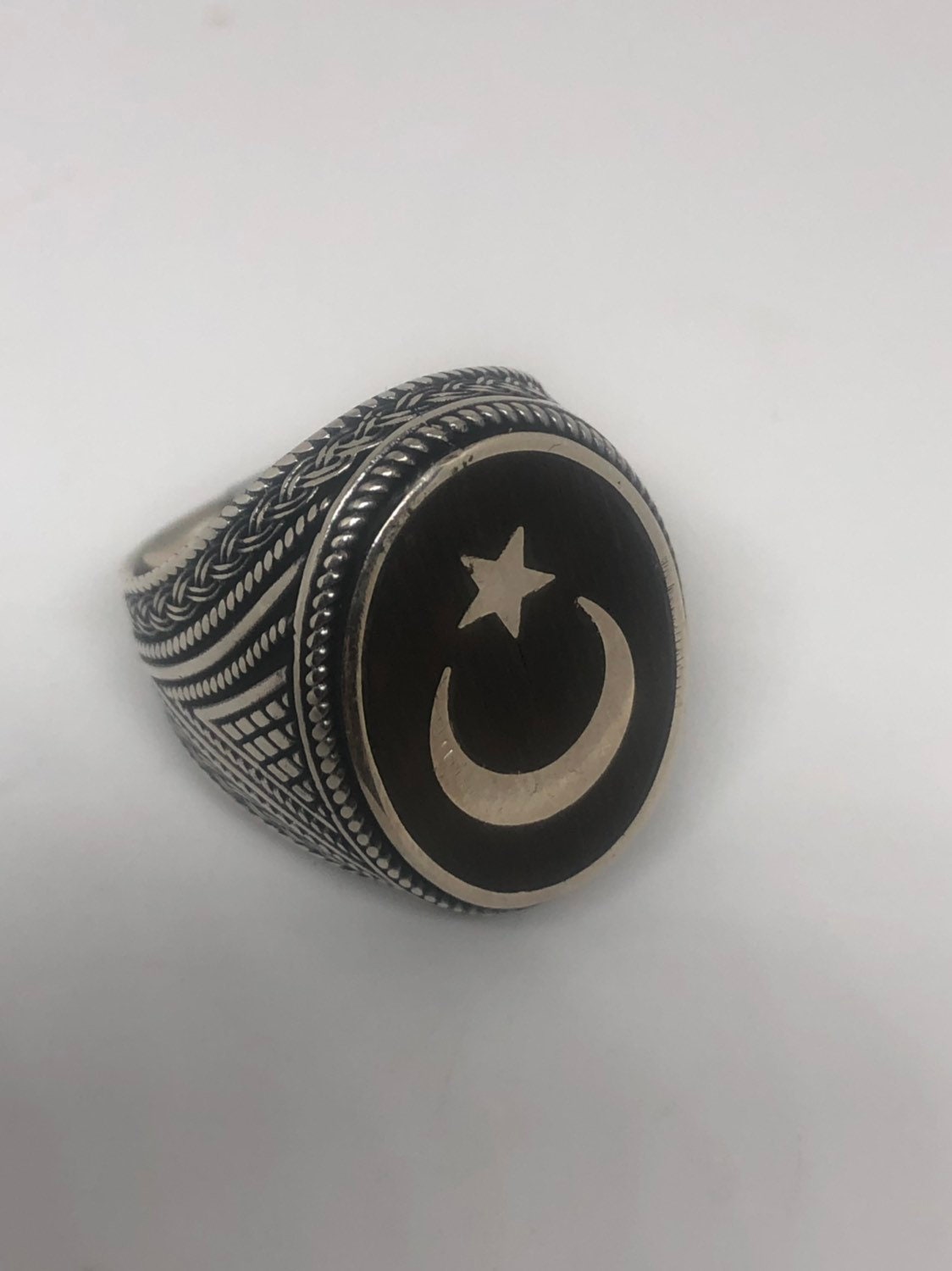 Vintage Star of Islam 925 Sterling Silver Teak Wood Inlay Ring