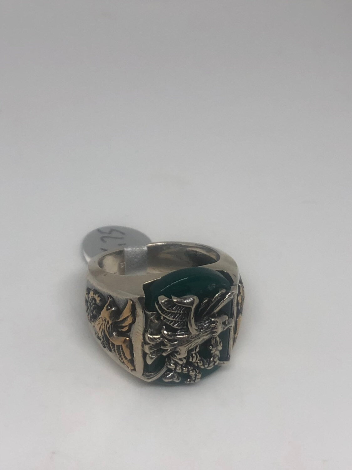 Vintage Green Onyx Eagle with Snake 925 Sterling Silver Ring