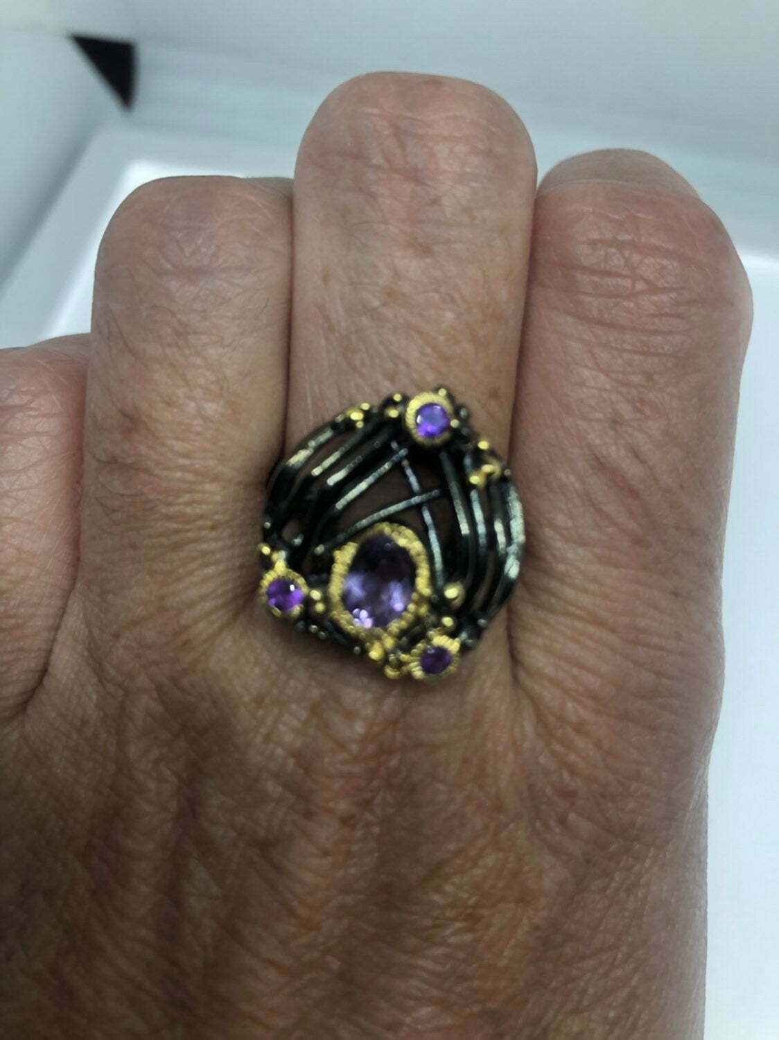 Vintage Handmade Genuine Purple Amethyst Filigree Setting 925 Sterling Silver Gothic Ring