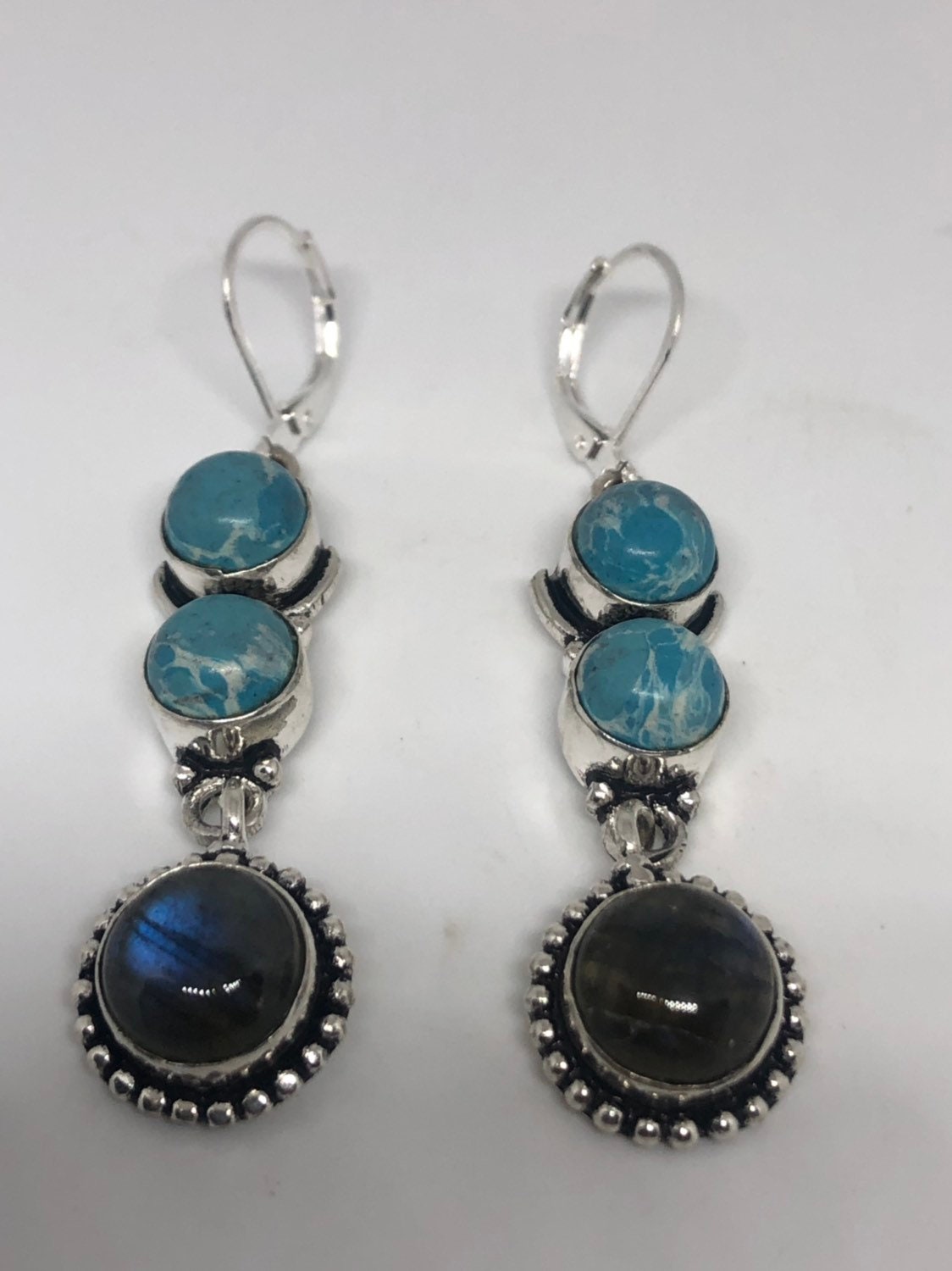 Vintage Handmade Sterling Silver Genuine Deep Blue turquoise Larimar and Labradorite Earrings
