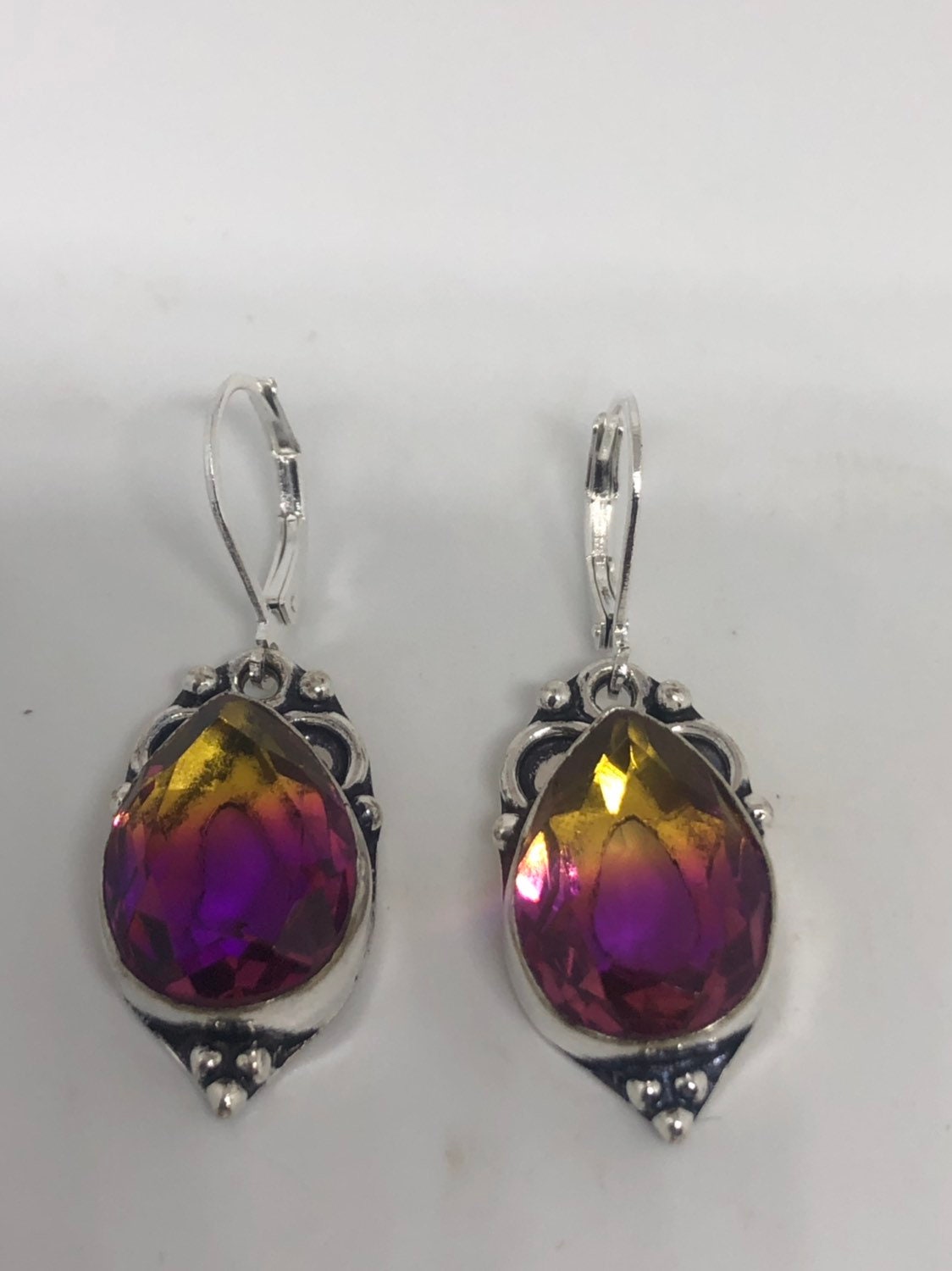 Antique Vintage Purple Volcanic Glass Silver Dangle Earrings