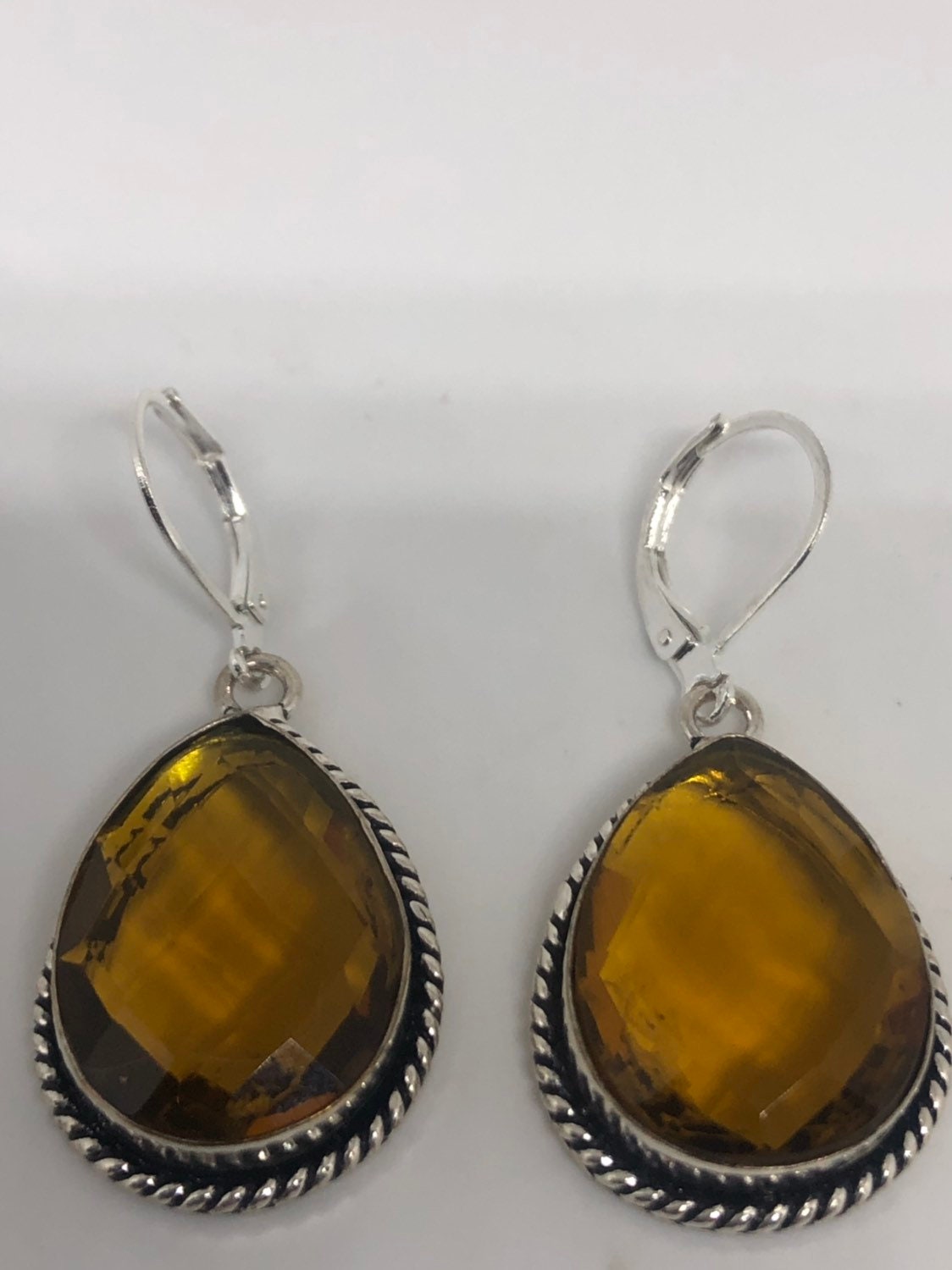 Antique Vintage Golden Volcanic Glass Silver Dangle Earrings