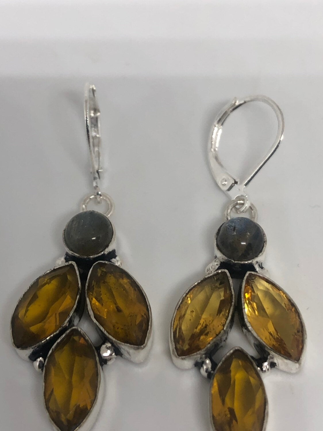 Antique Vintage Golden Volcanic Glass Silver Dangle Earrings