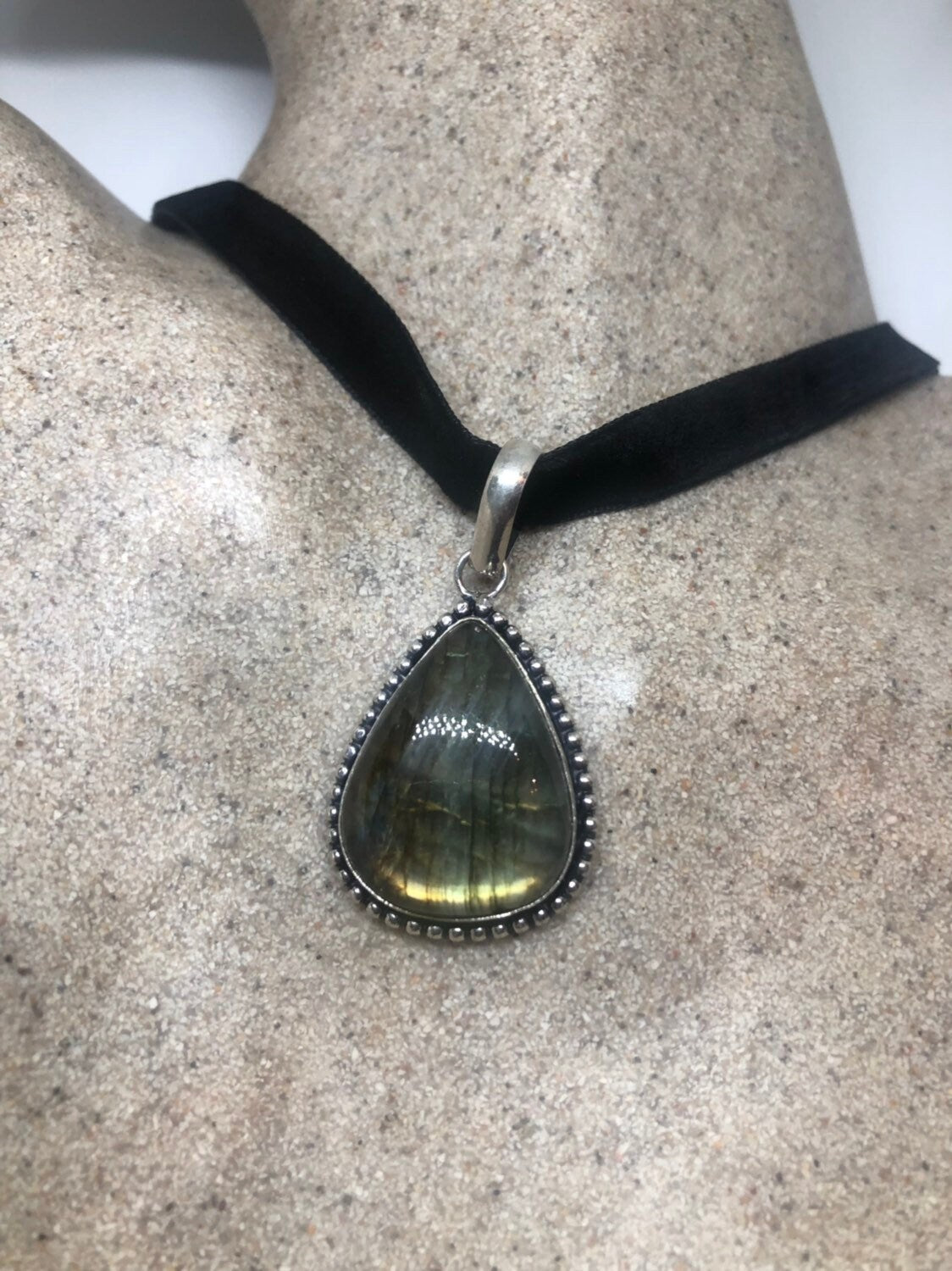 Vintage Silver Genuine Green Labradorite Gemstone Necklace