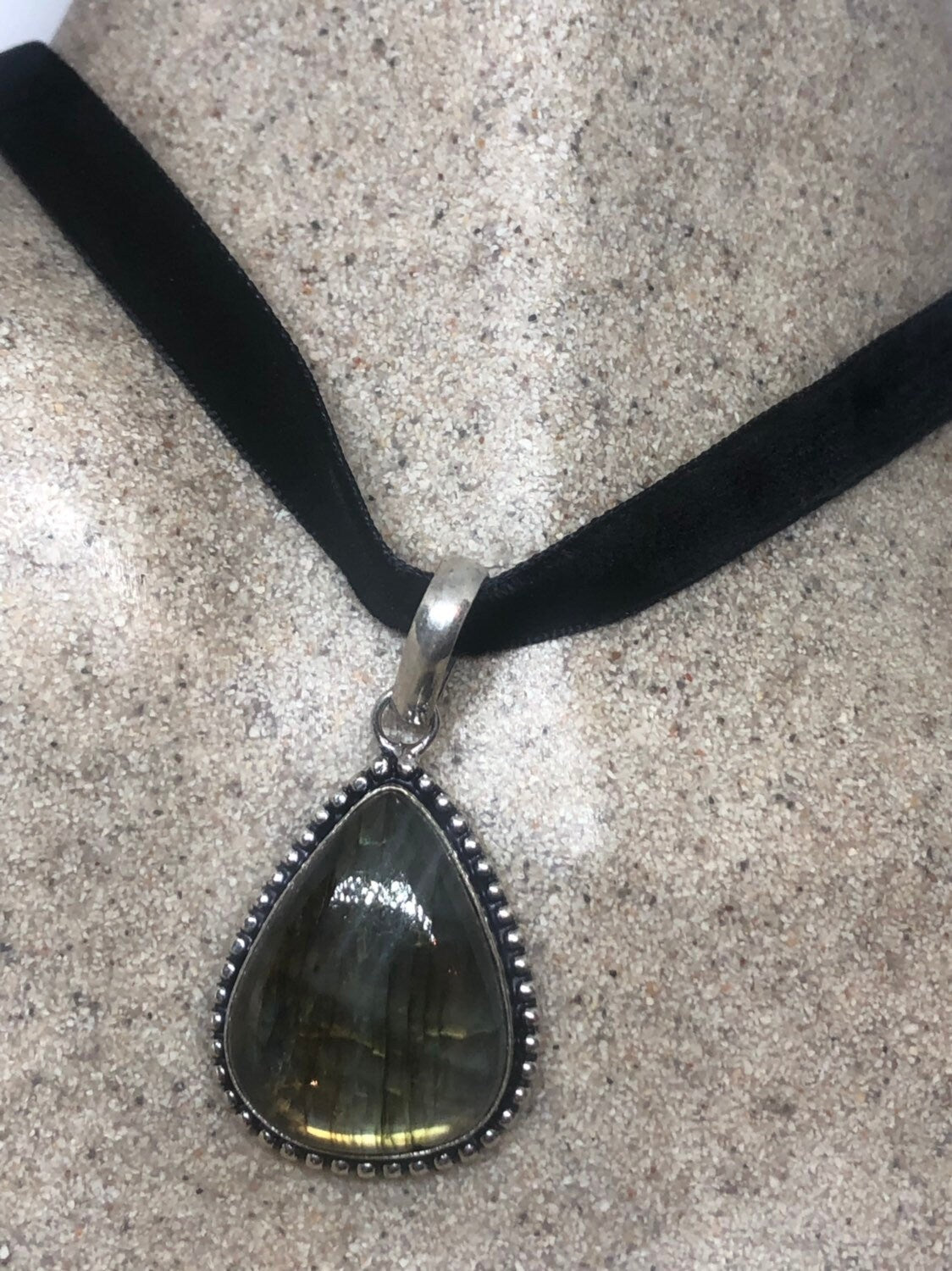 Vintage Silver Genuine Green Labradorite Gemstone Necklace