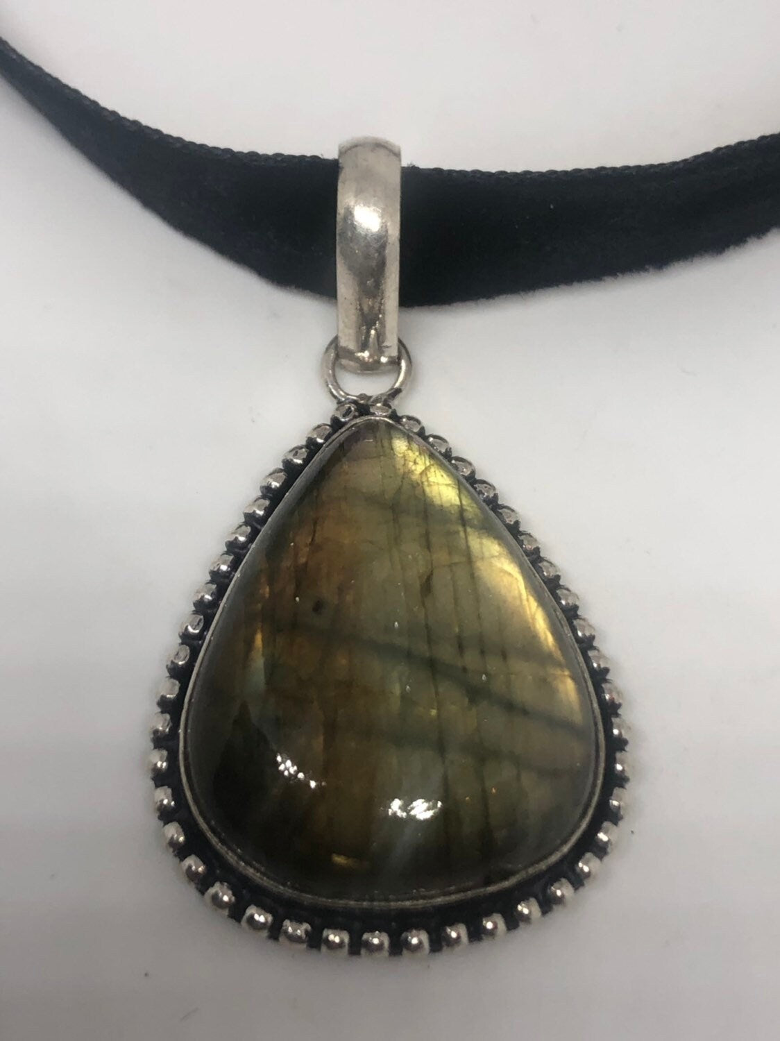 Vintage Silver Genuine Green Labradorite Gemstone Necklace