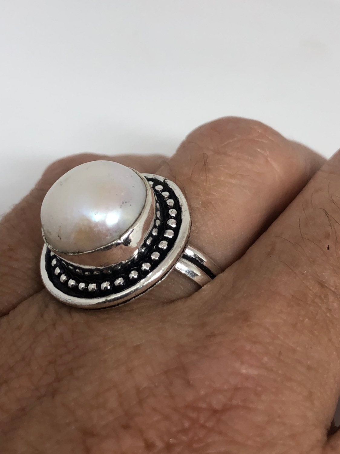 Vintage White Genuine Pearl Silver Cocktail Ring