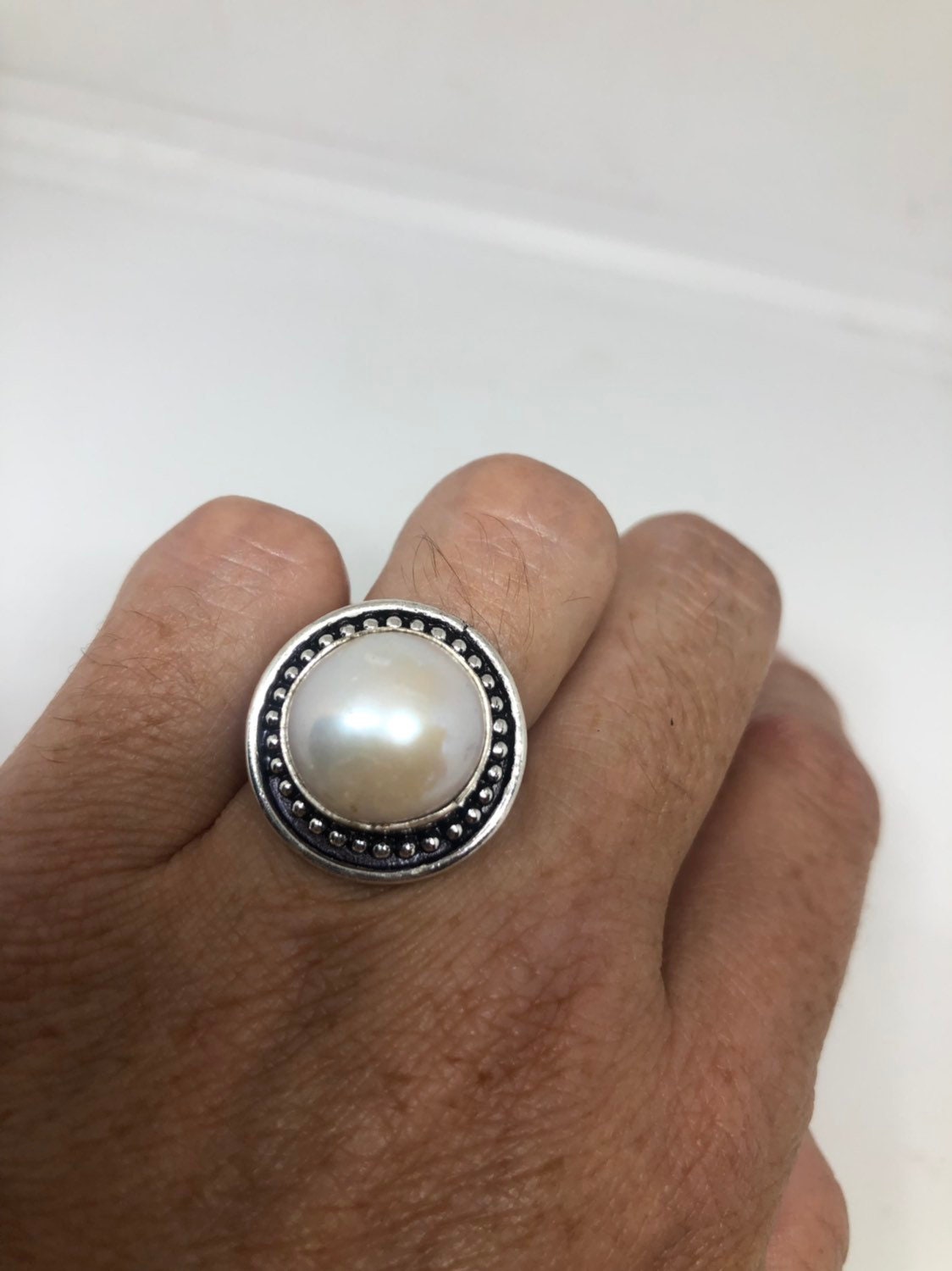 Vintage White Genuine Pearl Silver Cocktail Ring