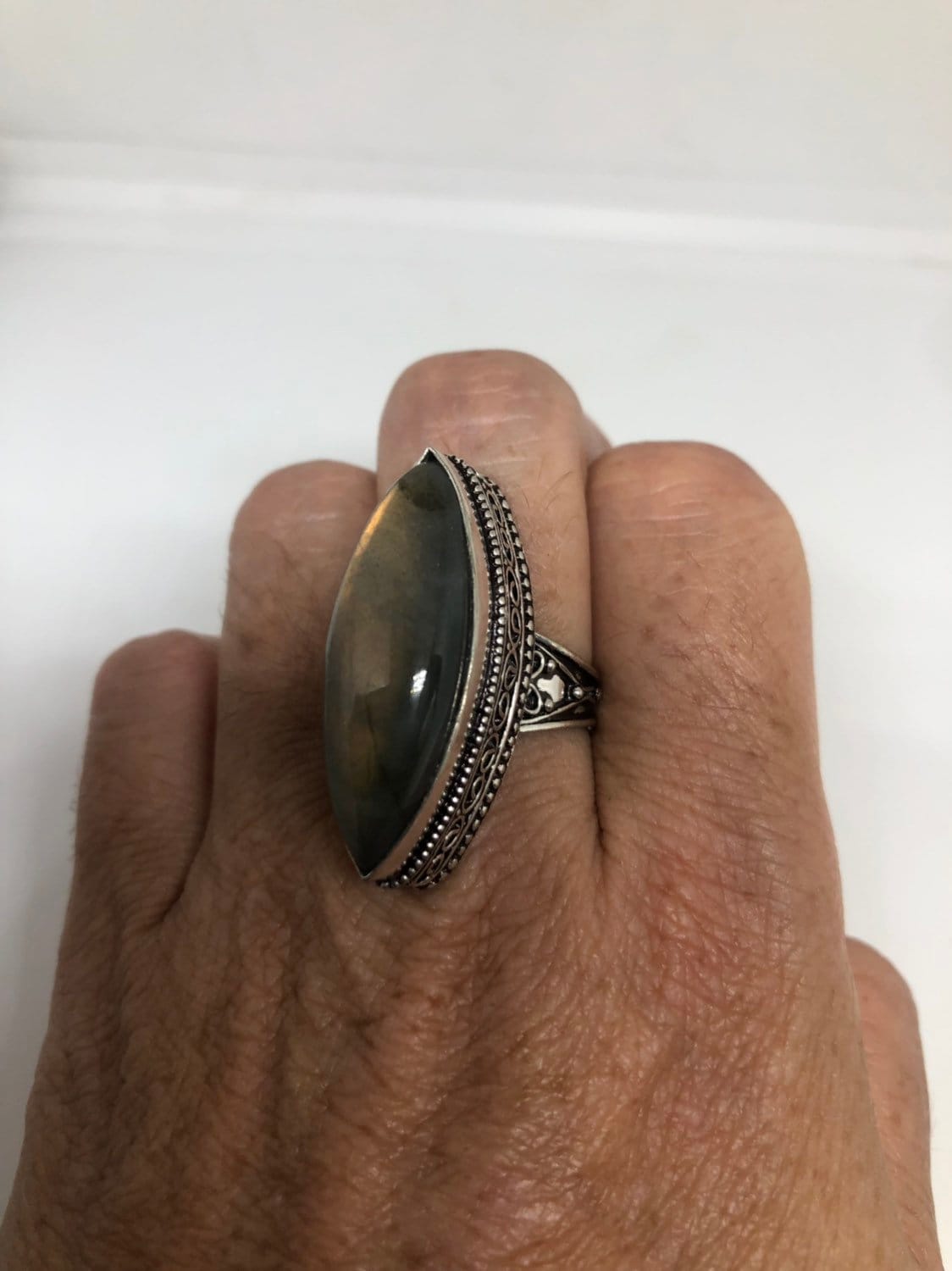 Vintage Blue Green Labradorite Stone Silver Ring