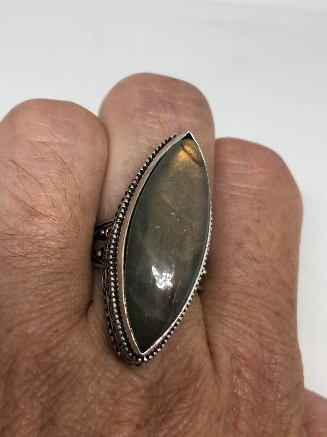 Vintage Blue Green Labradorite Stone Silver Ring