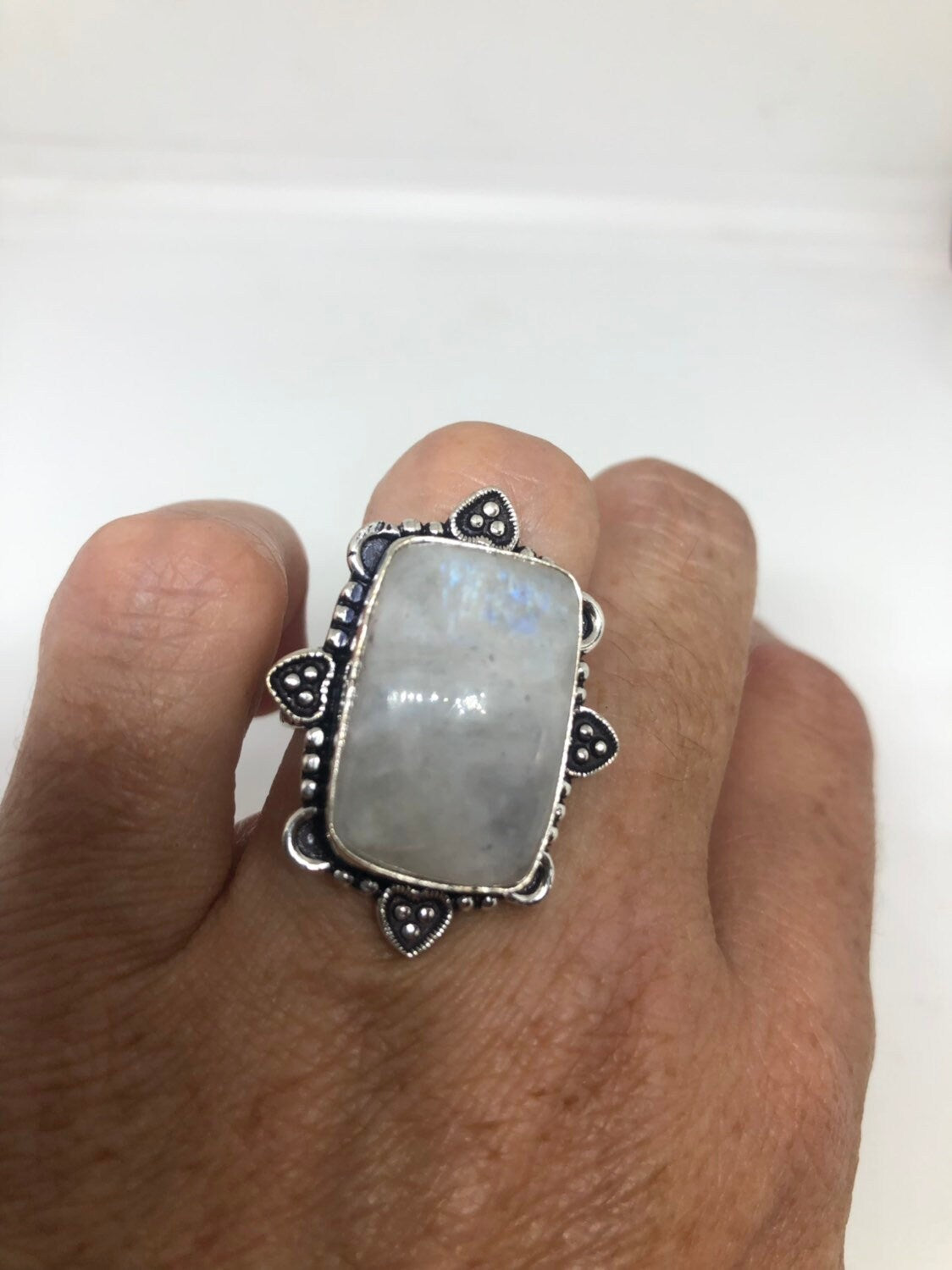 Vintage Genuine Blue White Rainbow Moonstone Ring