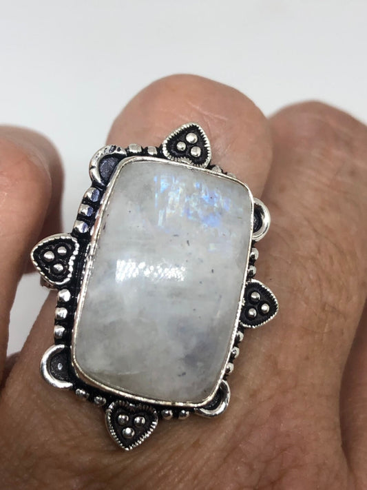 Vintage Genuine Blue White Rainbow Moonstone Ring