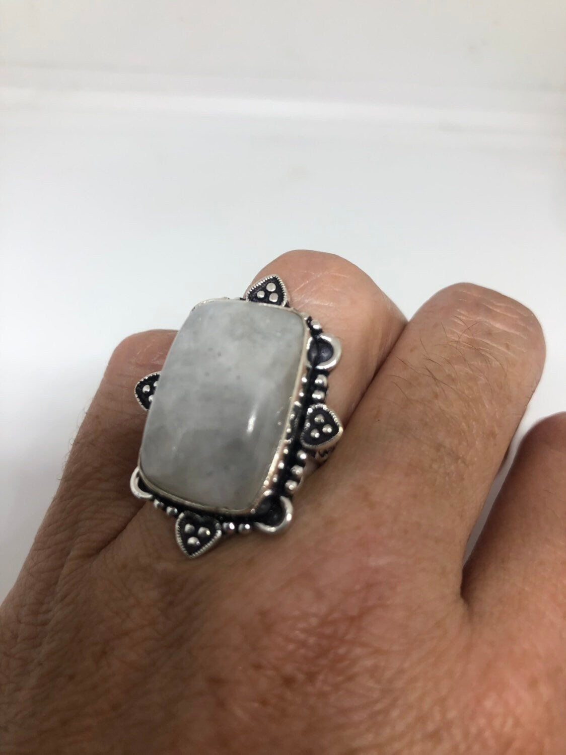 Vintage Genuine Blue White Rainbow Moonstone Ring