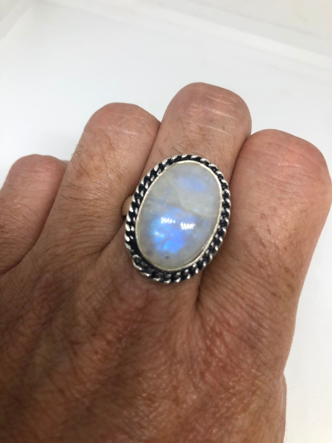 Vintage Genuine Blue White Rainbow Moonstone Ring