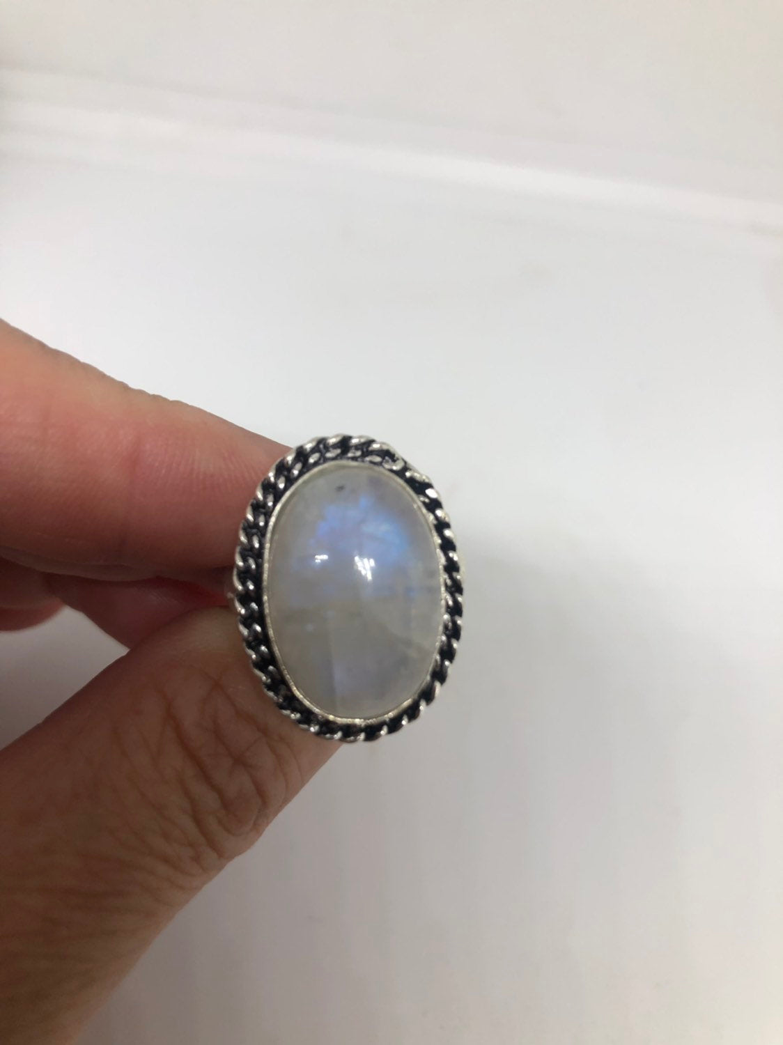 Vintage Genuine Blue White Rainbow Moonstone Ring