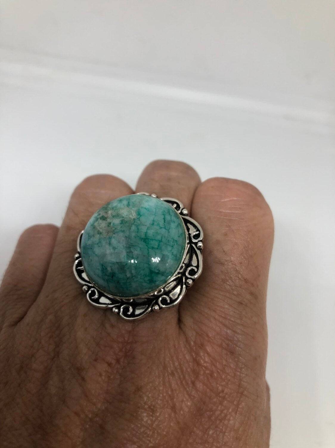 Vintage Genuine Green dyed Rainbow Moonstone Ring