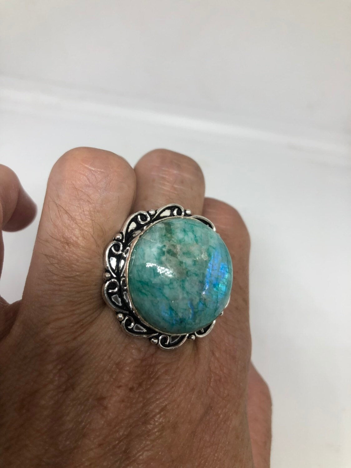 Vintage Genuine Green dyed Rainbow Moonstone Ring