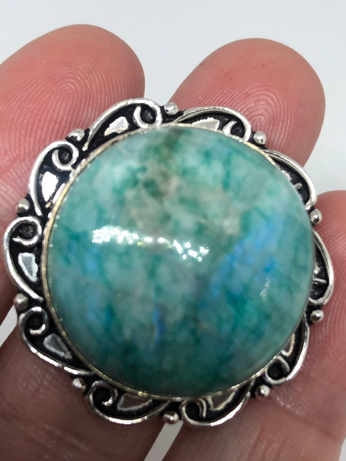 Vintage Genuine Green dyed Rainbow Moonstone Ring