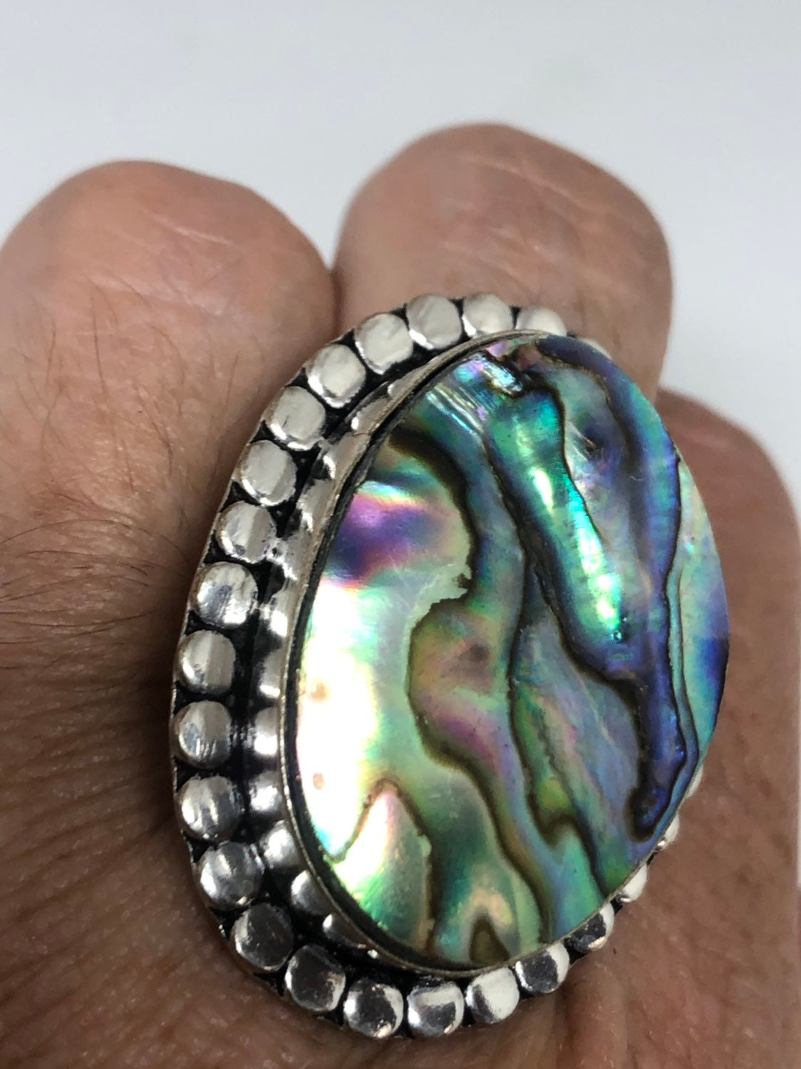 Antique Green Abalone White Bronze Silver Ring