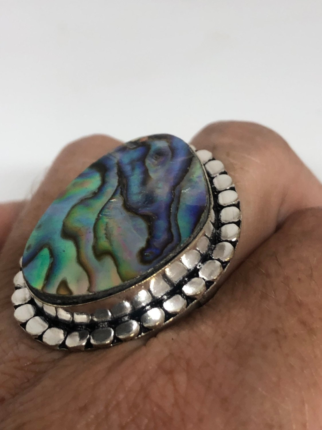 Antique Green Abalone White Bronze Silver Ring