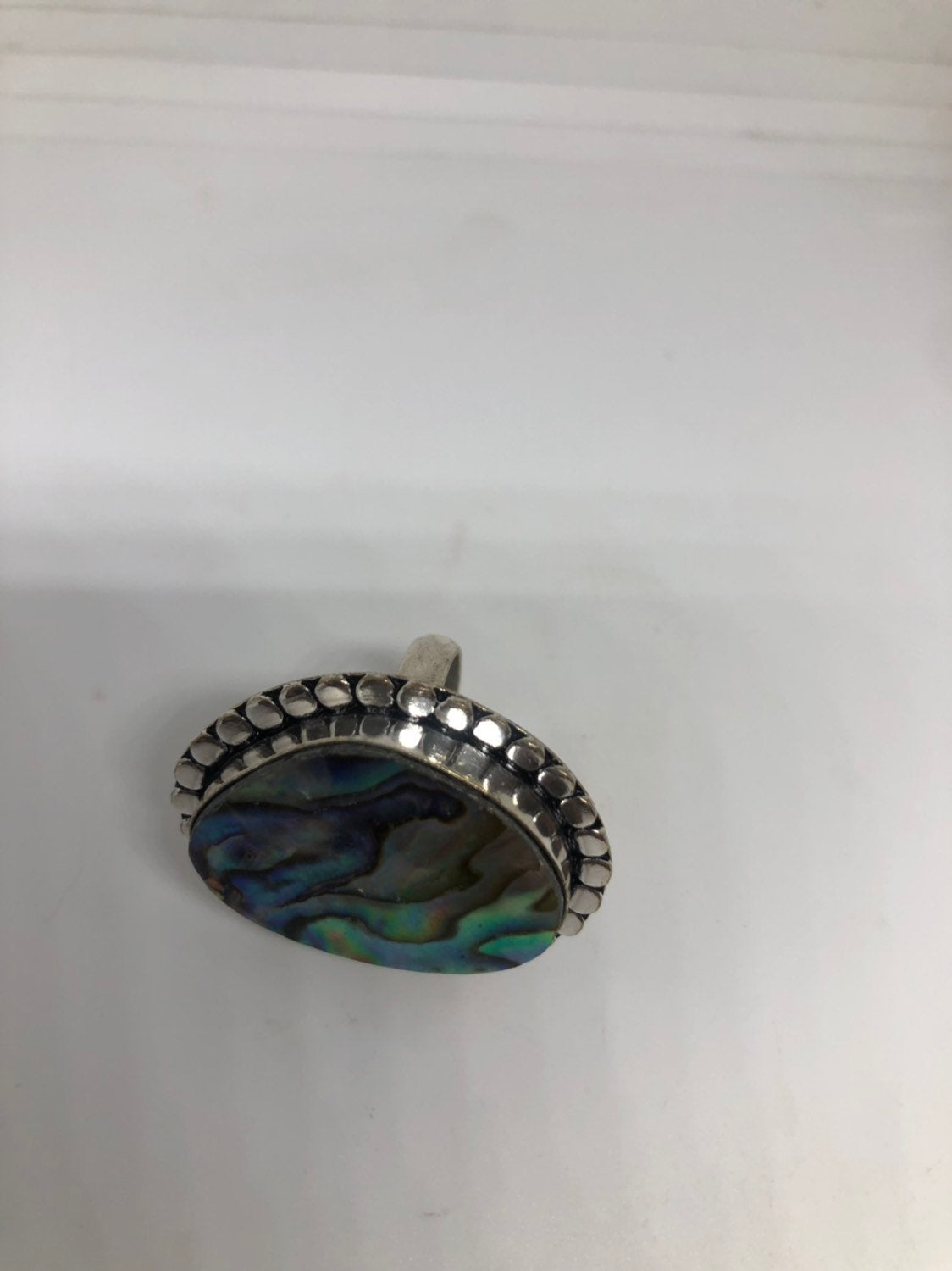 Antique Green Abalone White Bronze Silver Ring