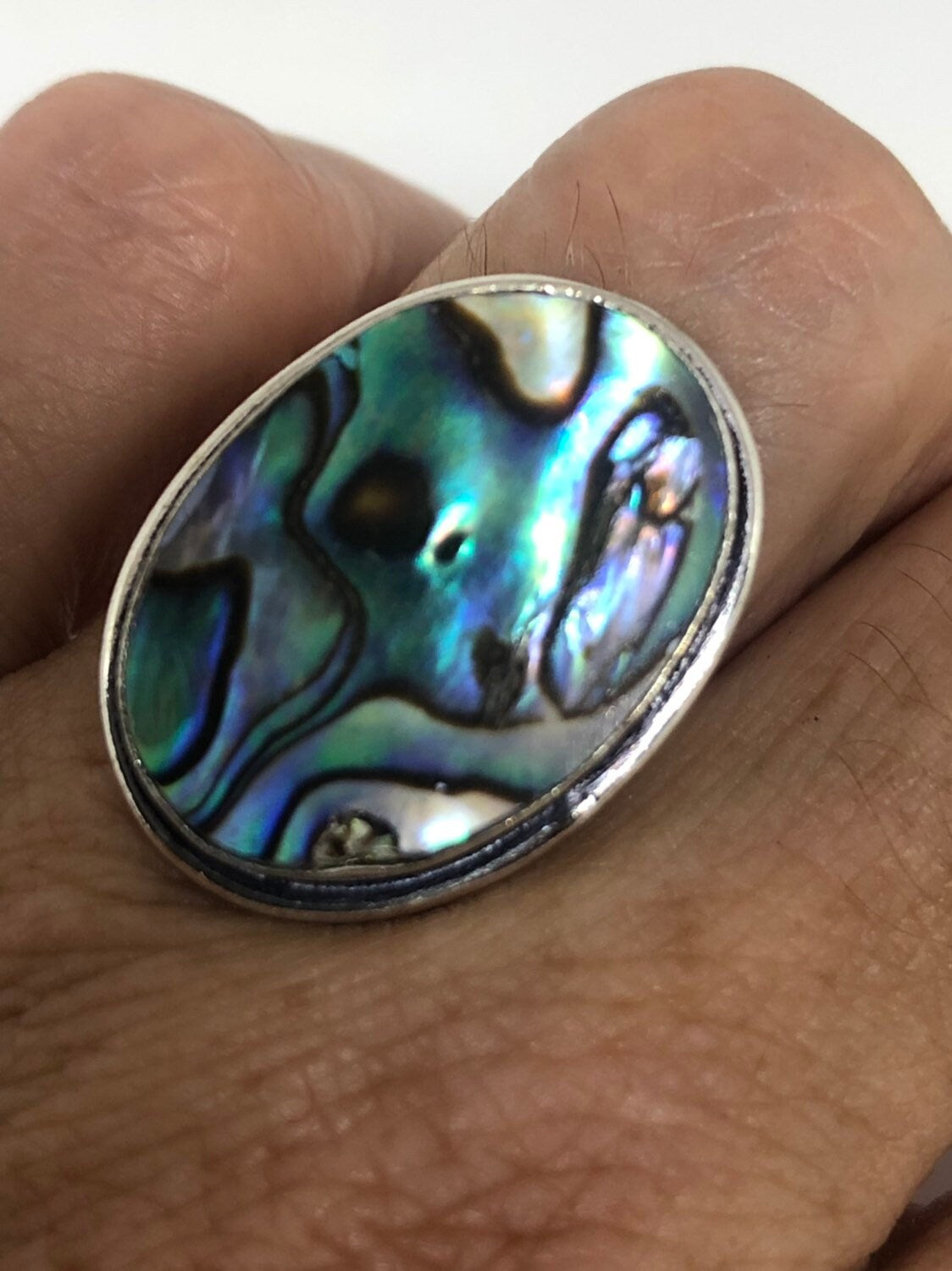 Antique Green Abalone White Bronze Silver Ring